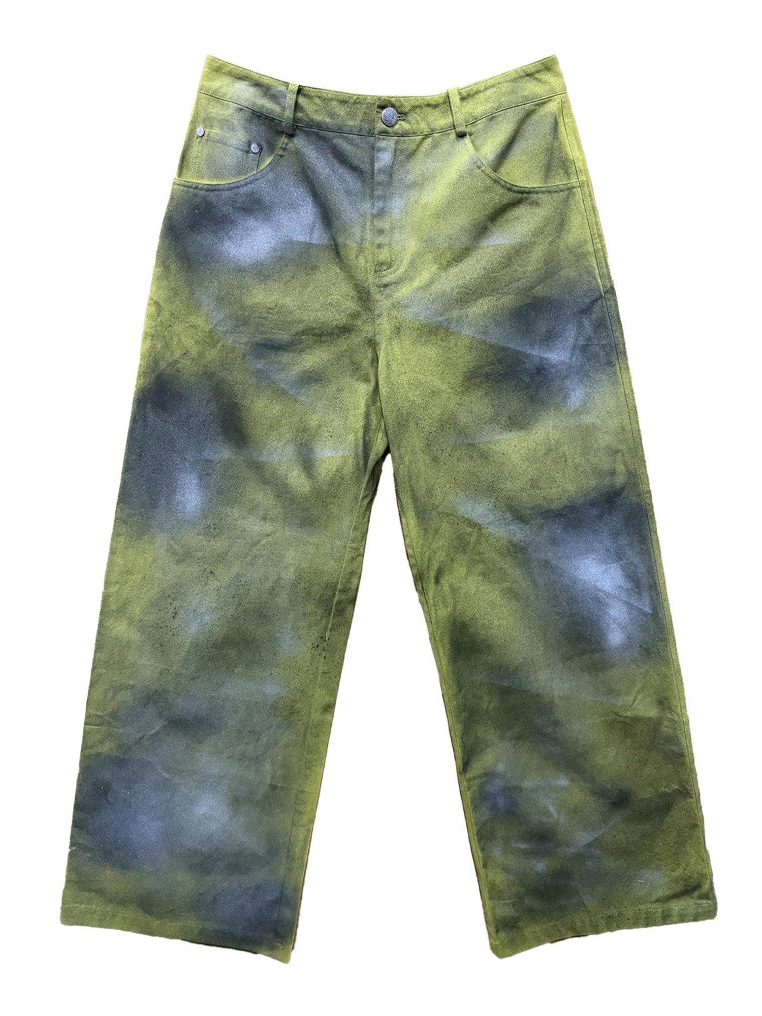 APRIORITY Yellow Green Hand Painted Ink Splash Washed Women's Cotton Straight-leg Pants
