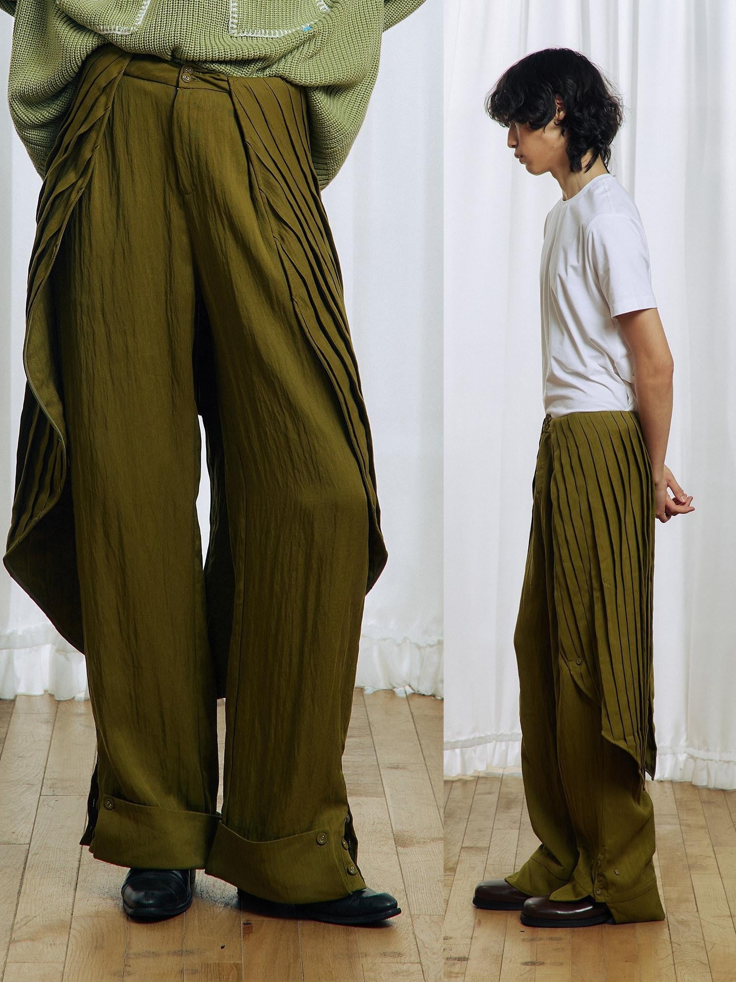 APRIORITY Yellow Green Pleated Wave Swallowtail Women's Tencel Lyocell Mid Rise Skorts