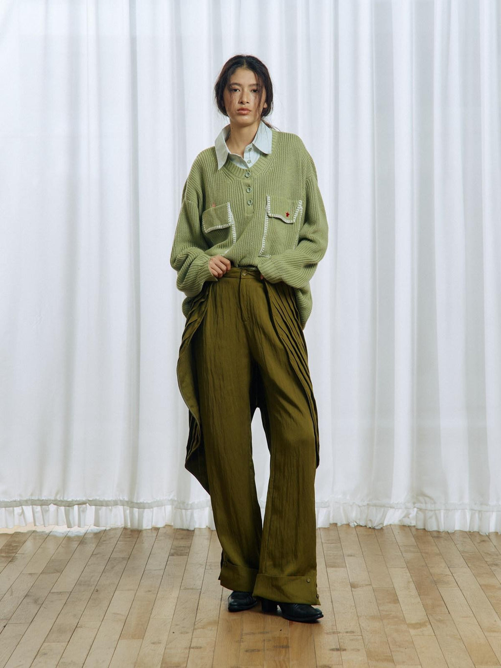 APRIORITY Yellow Green Pleated Wave Swallowtail Women's Tencel Lyocell Mid Rise Skorts