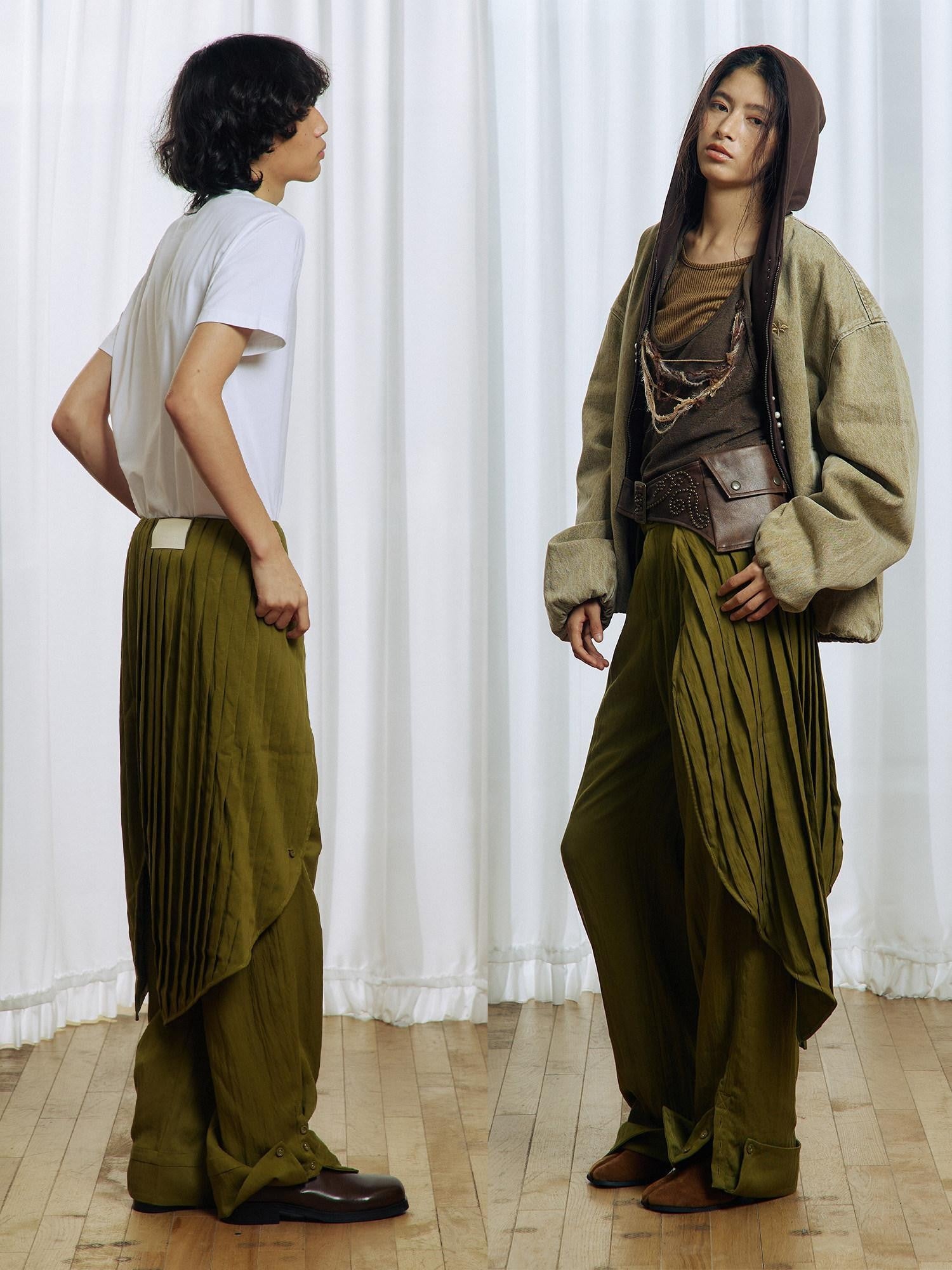 APRIORITY Yellow Green Pleated Wave Swallowtail Women's Tencel Lyocell Mid Rise Skorts