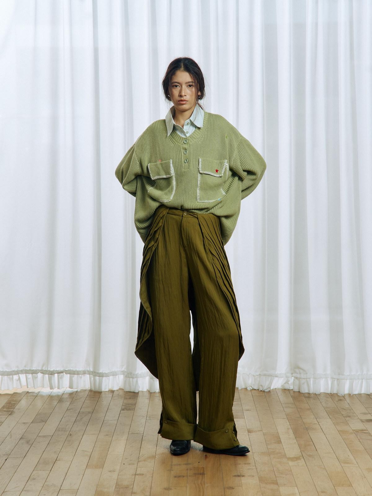 APRIORITY Yellow Green Pleated Wave Swallowtail Women's Tencel Lyocell Mid Rise Skorts