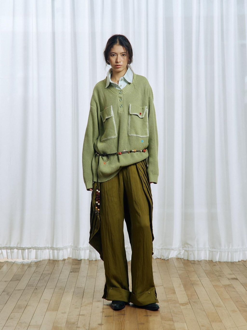 APRIORITY Yellow Green Pleated Wave Swallowtail Women's Tencel Lyocell Mid Rise Skorts