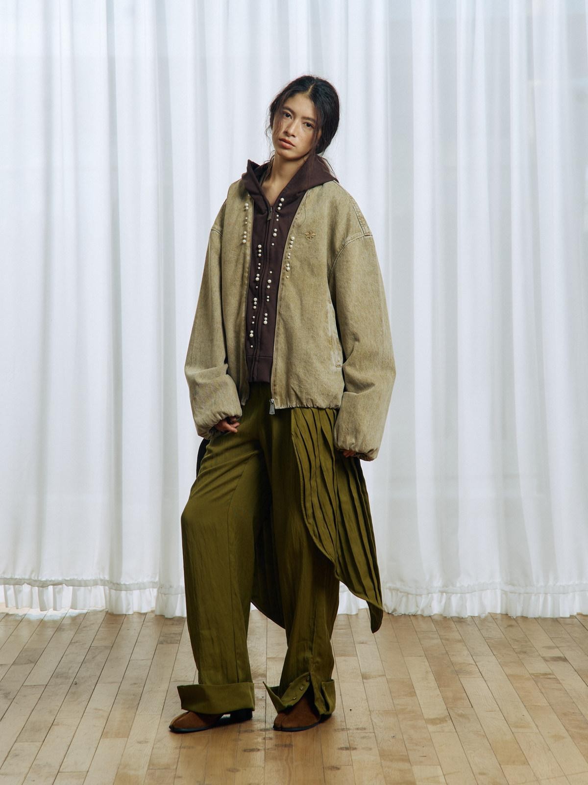 APRIORITY Yellow Green Pleated Wave Swallowtail Women's Tencel Lyocell Mid Rise Skorts