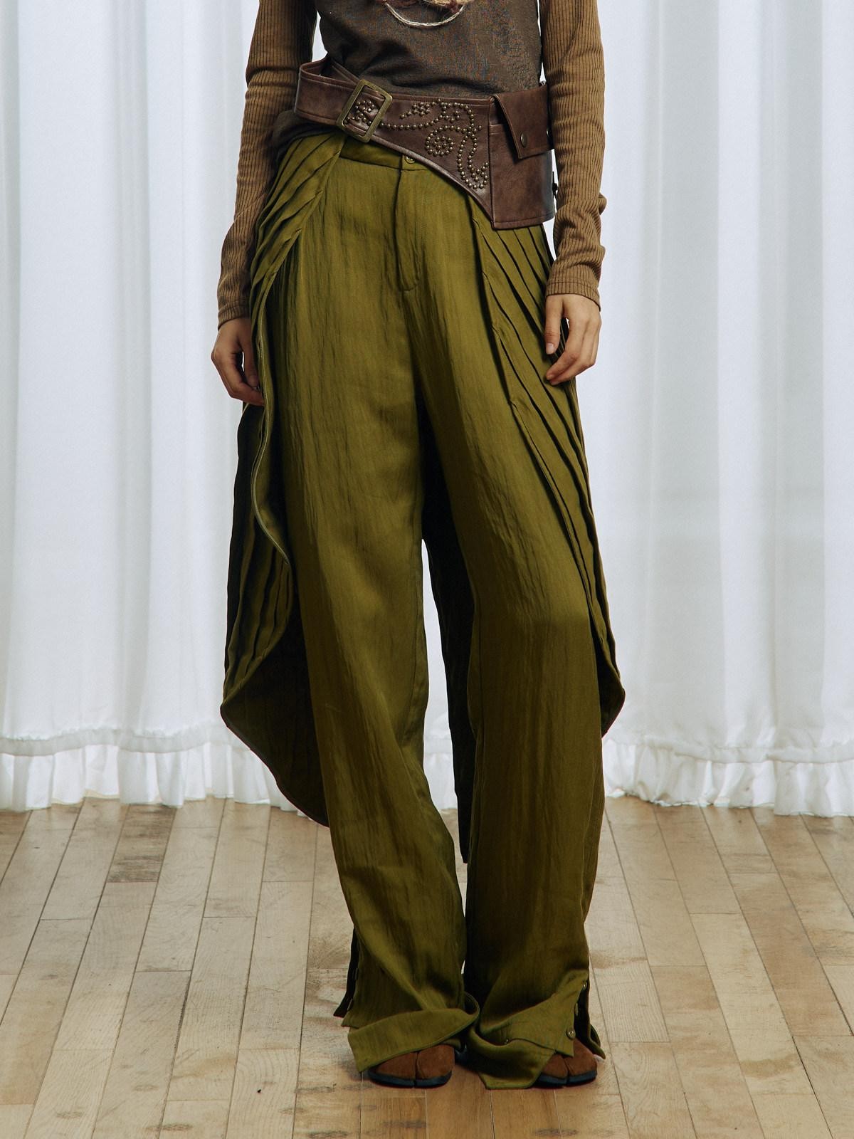 APRIORITY Yellow Green Pleated Wave Swallowtail Women's Tencel Lyocell Mid Rise Skorts