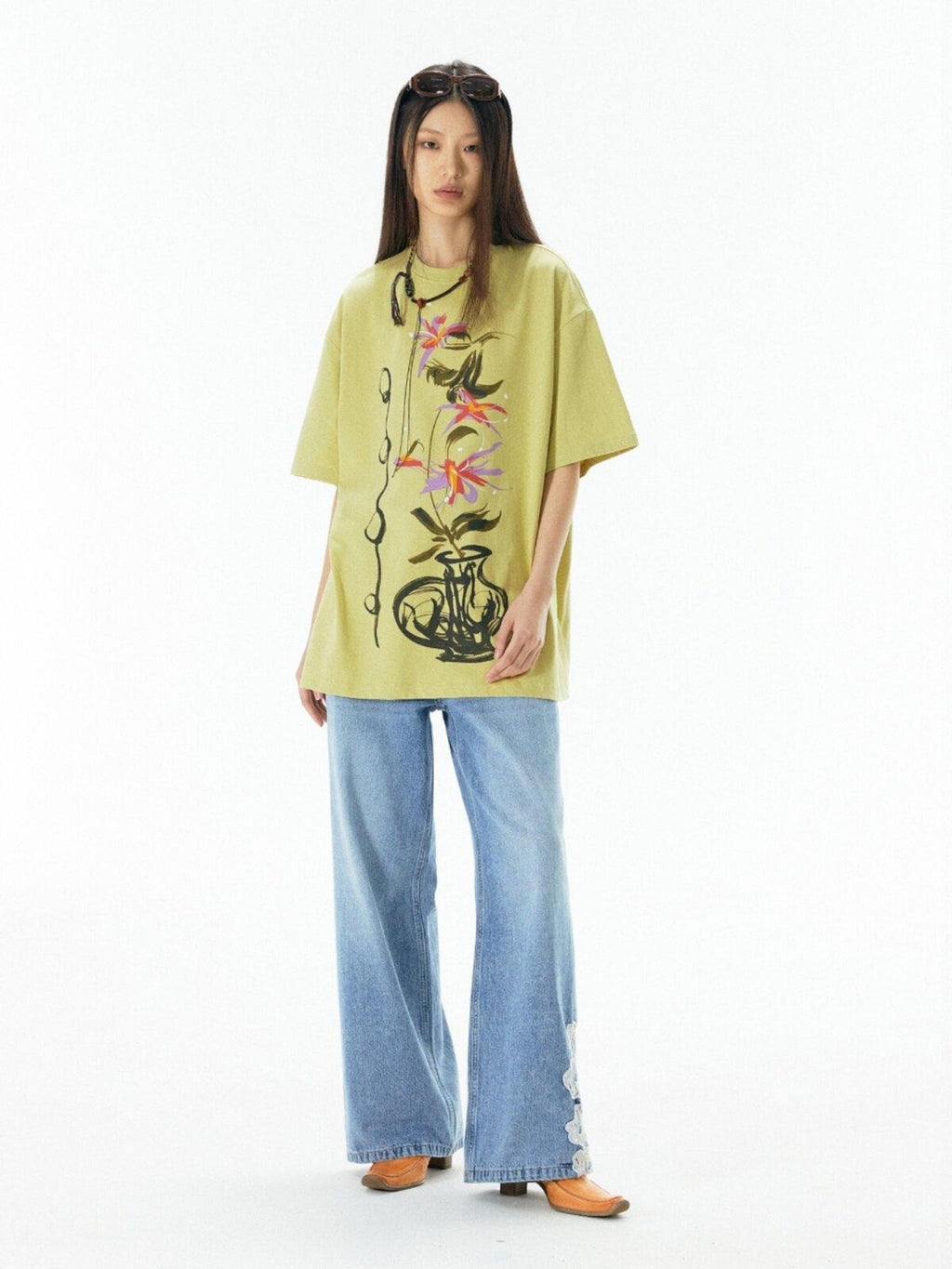APRIORITY Yellow Vase Print Retro Oversized Women's Cotton Short Sleeve T-shirts