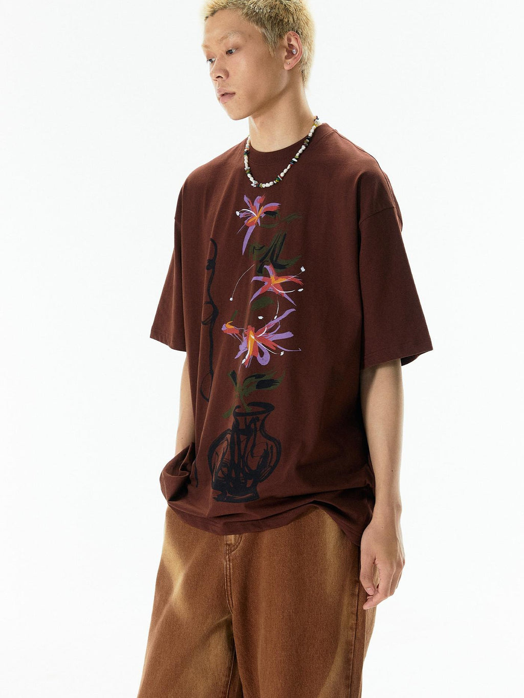 APRIORITY Yellow Vase Print Retro Oversized Women's Cotton Short Sleeve T-shirts