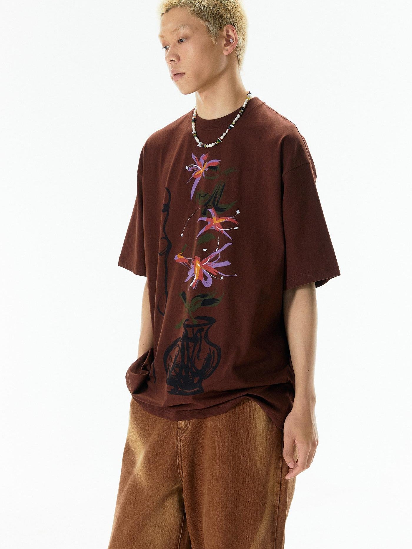 APRIORITY Yellow Vase Print Retro Oversized Women's Cotton Short Sleeve T-shirts