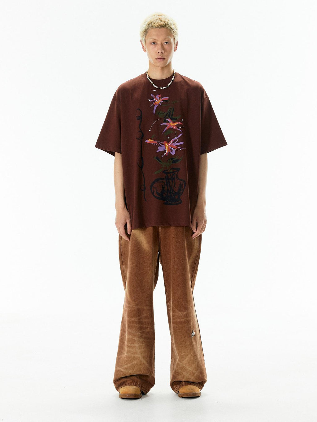 APRIORITY Yellow Vase Print Retro Oversized Women's Cotton Short Sleeve T-shirts