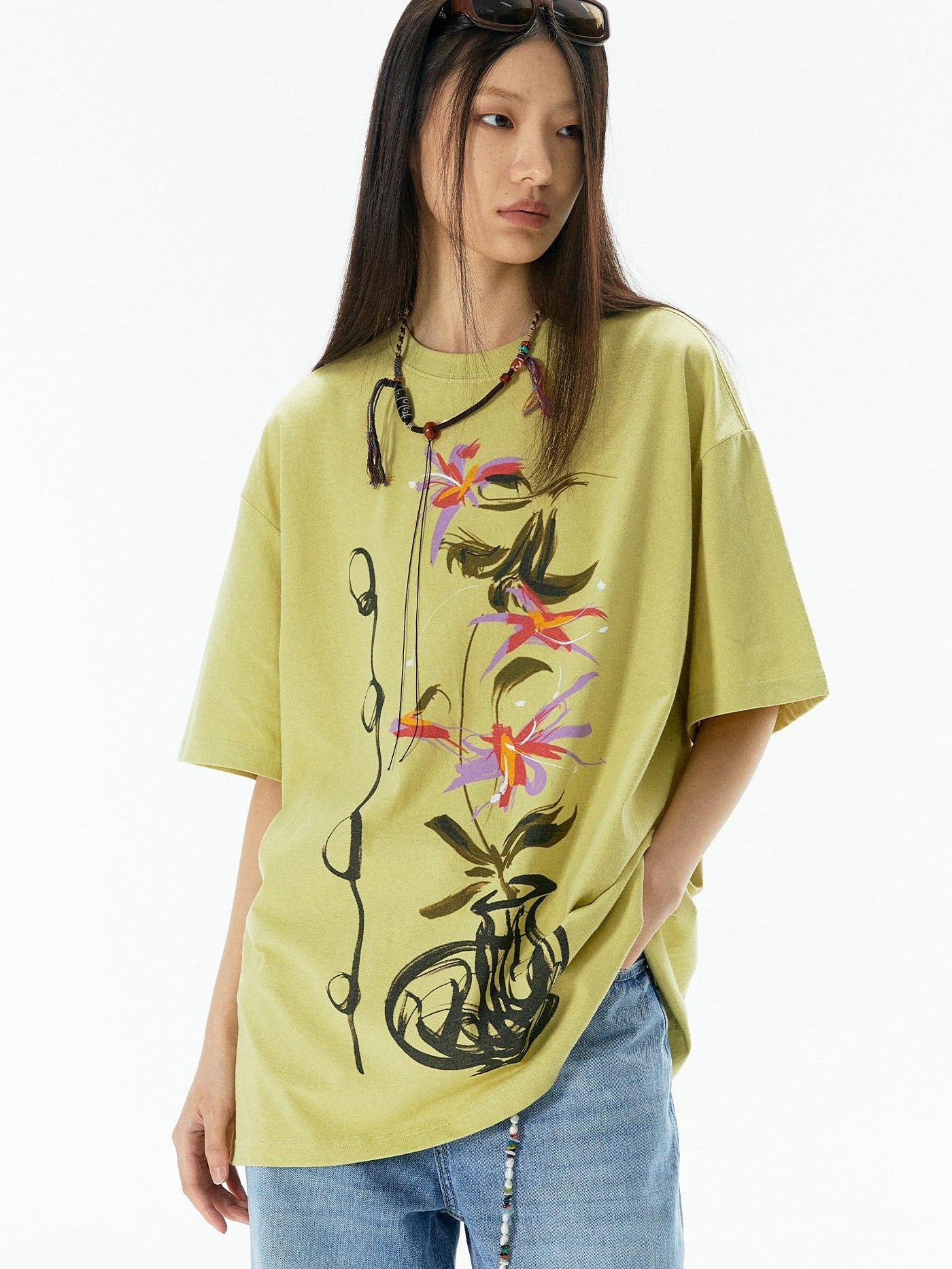 APRIORITY Yellow Vase Print Retro Oversized Women's Cotton Short Sleeve T-shirts