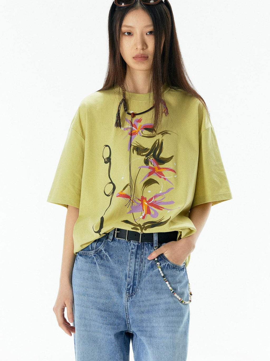 APRIORITY Yellow Vase Print Retro Oversized Women's Cotton Short Sleeve T-shirts