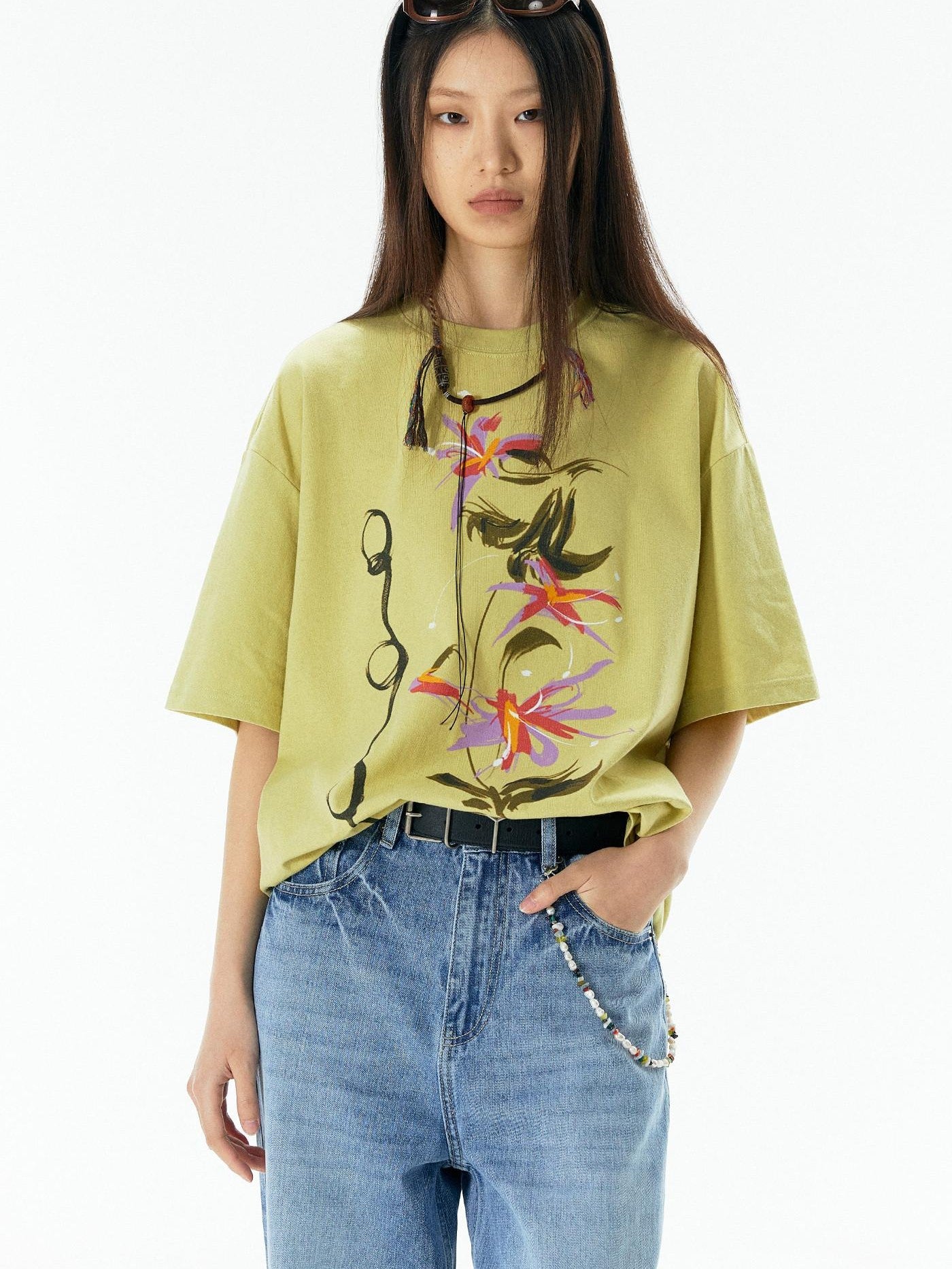 APRIORITY Yellow Vase Print Retro Oversized Women's Cotton Short Sleeve T-shirts