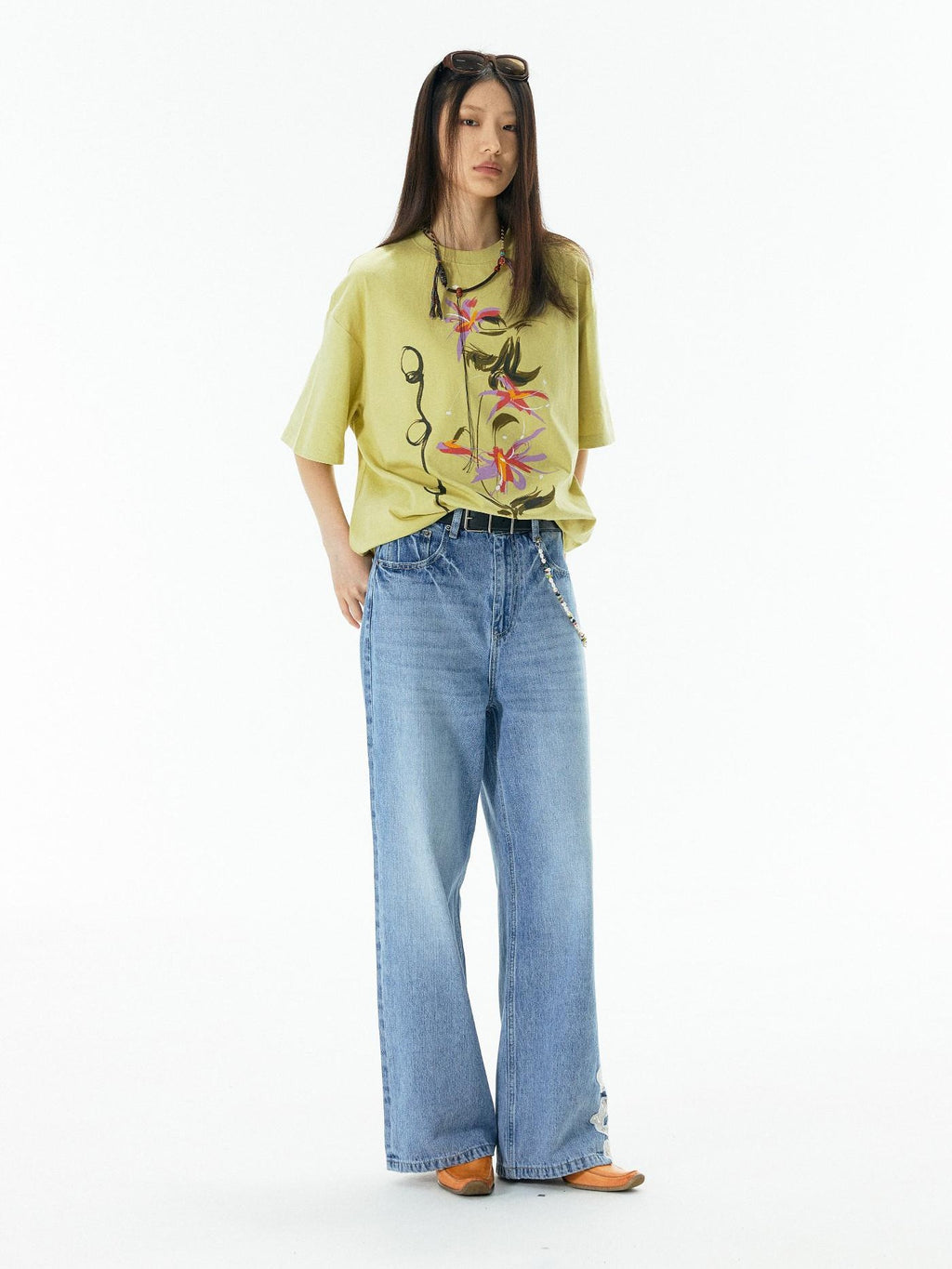 APRIORITY Yellow Vase Print Retro Oversized Women's Cotton Short Sleeve T-shirts