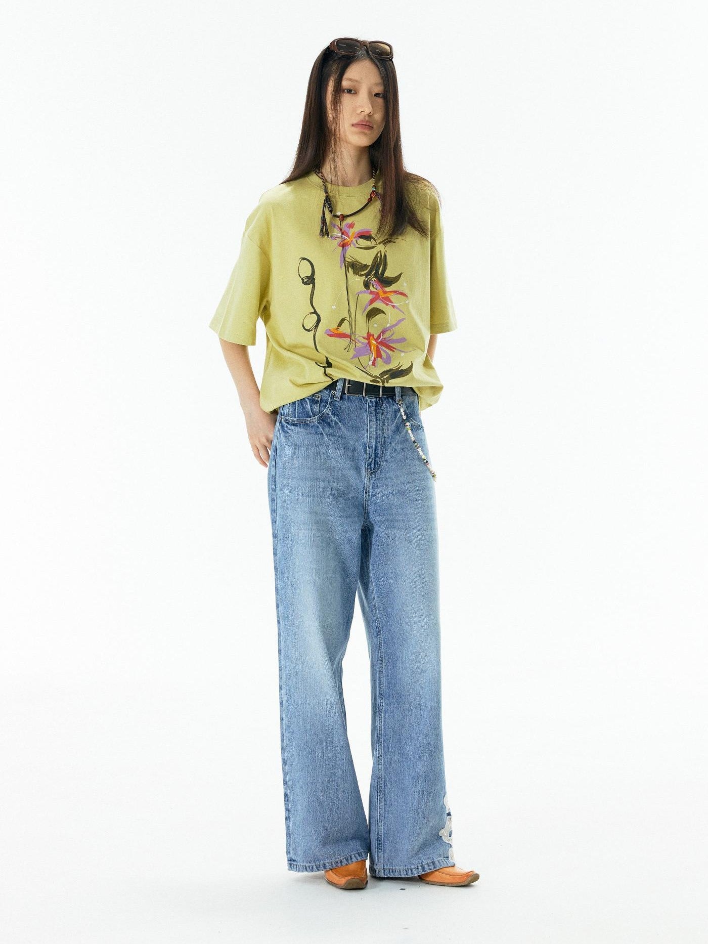 APRIORITY Yellow Vase Print Retro Oversized Women's Cotton Short Sleeve T-shirts