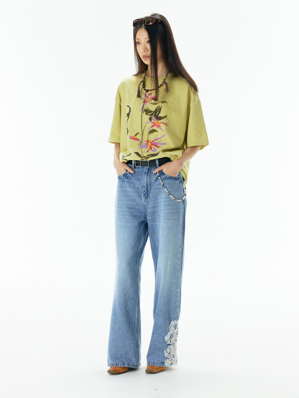 APRIORITY Yellow Vase Print Retro Oversized Women's Cotton Short Sleeve T-shirts