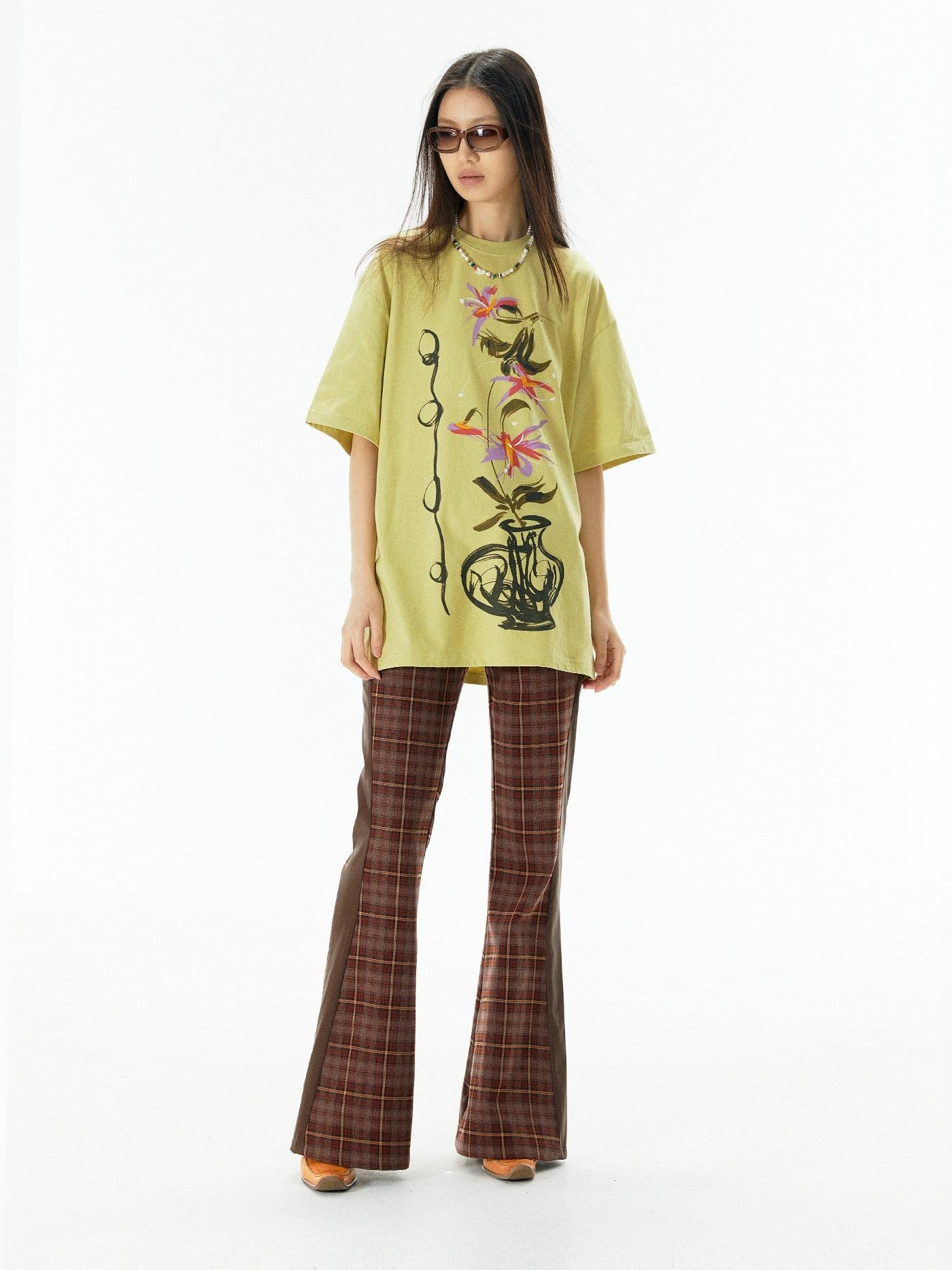 APRIORITY Yellow Vase Print Retro Oversized Women's Cotton Short Sleeve T-shirts