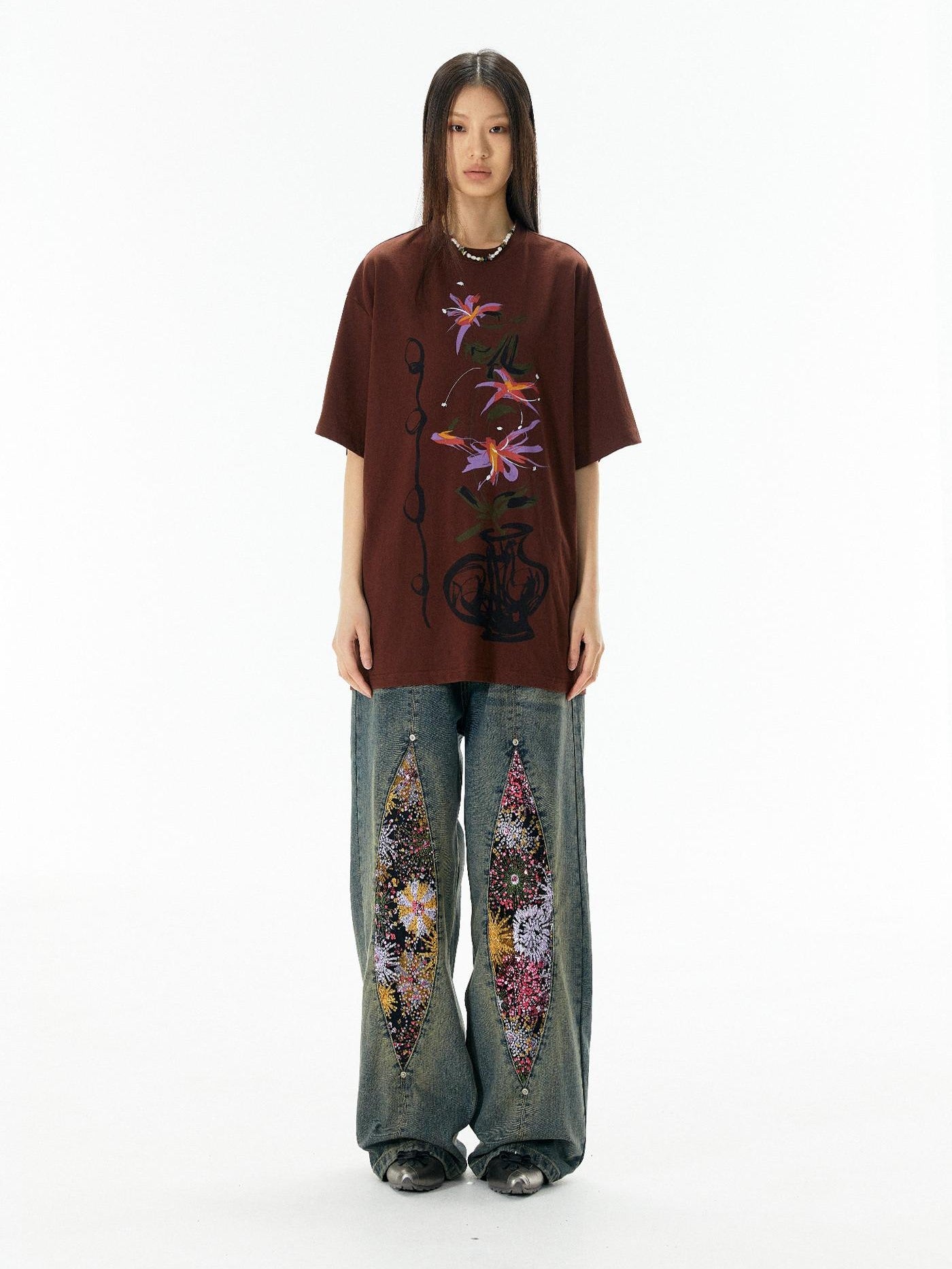 APRIORITY Yellow Vase Print Retro Oversized Women's Cotton Short Sleeve T-shirts
