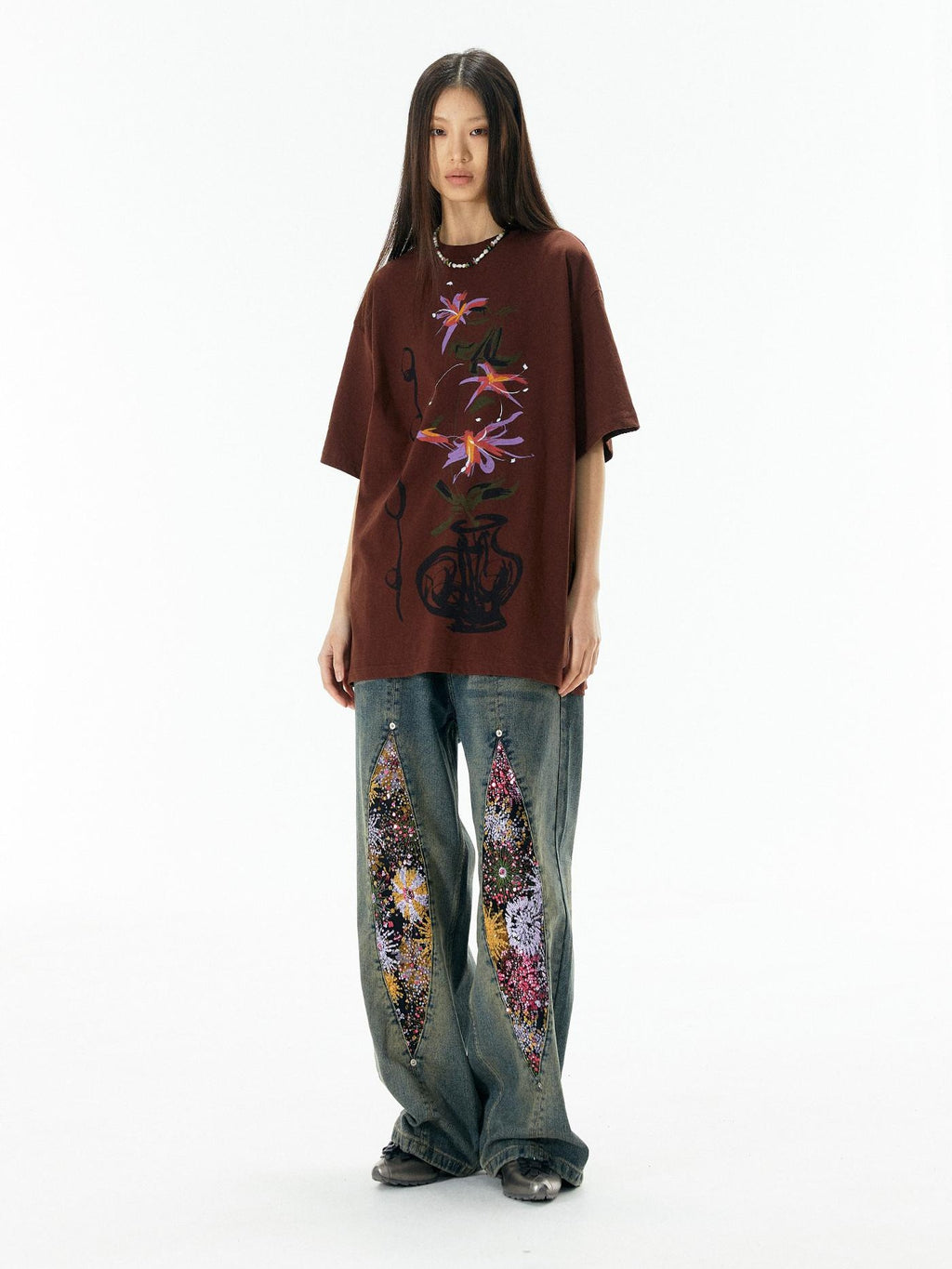 APRIORITY Yellow Vase Print Retro Oversized Women's Cotton Short Sleeve T-shirts