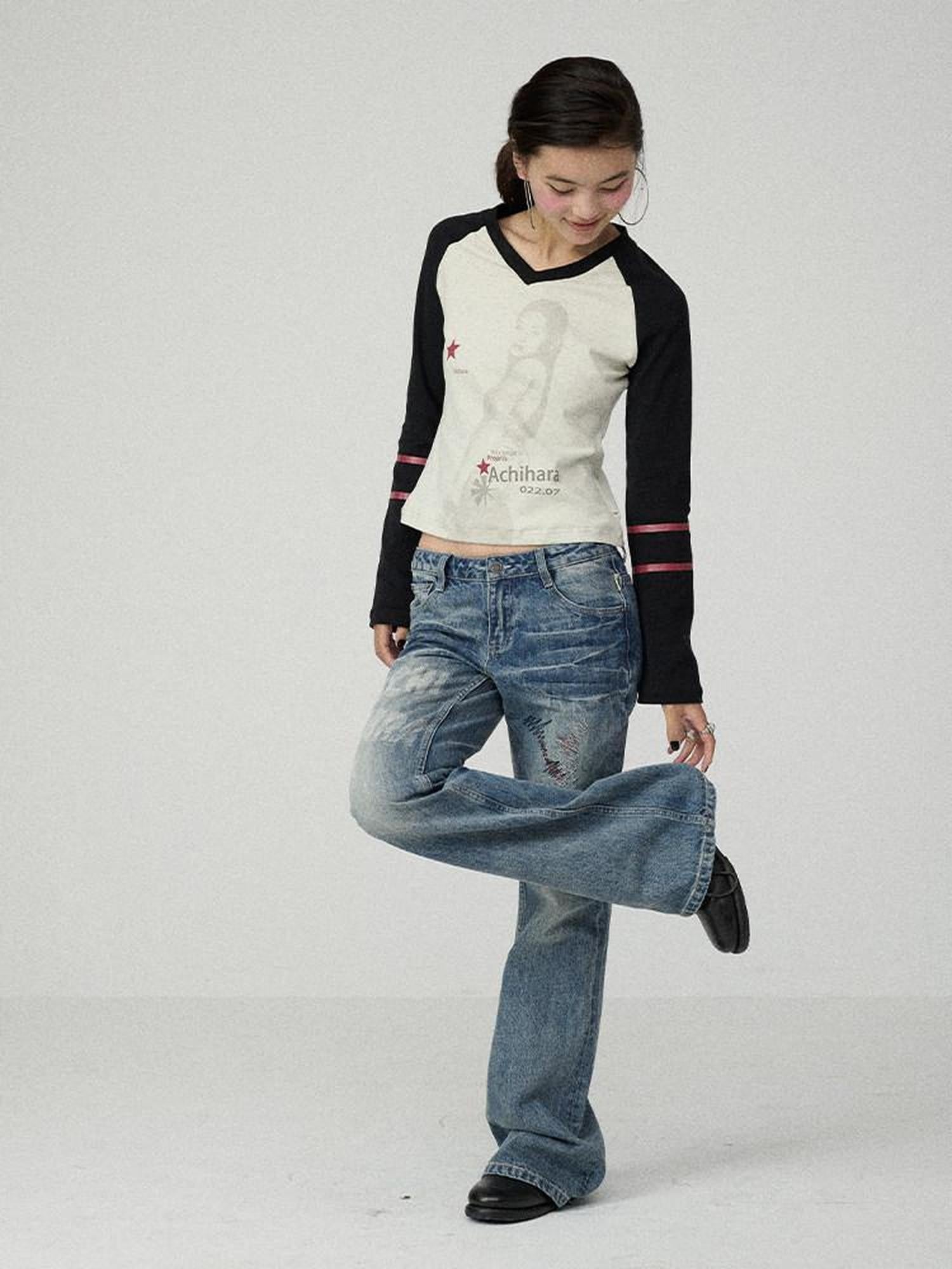 Achihara Apricot Block Spliced Figure Print Women'S Cotton Linen Long Sleeve T-Shirts