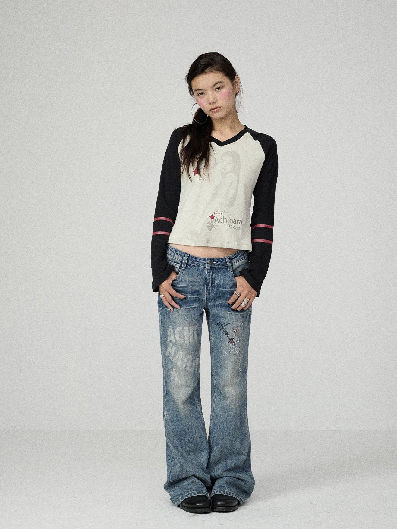 Achihara Apricot Block Spliced Figure Print Women'S Cotton Linen Long Sleeve T-Shirts