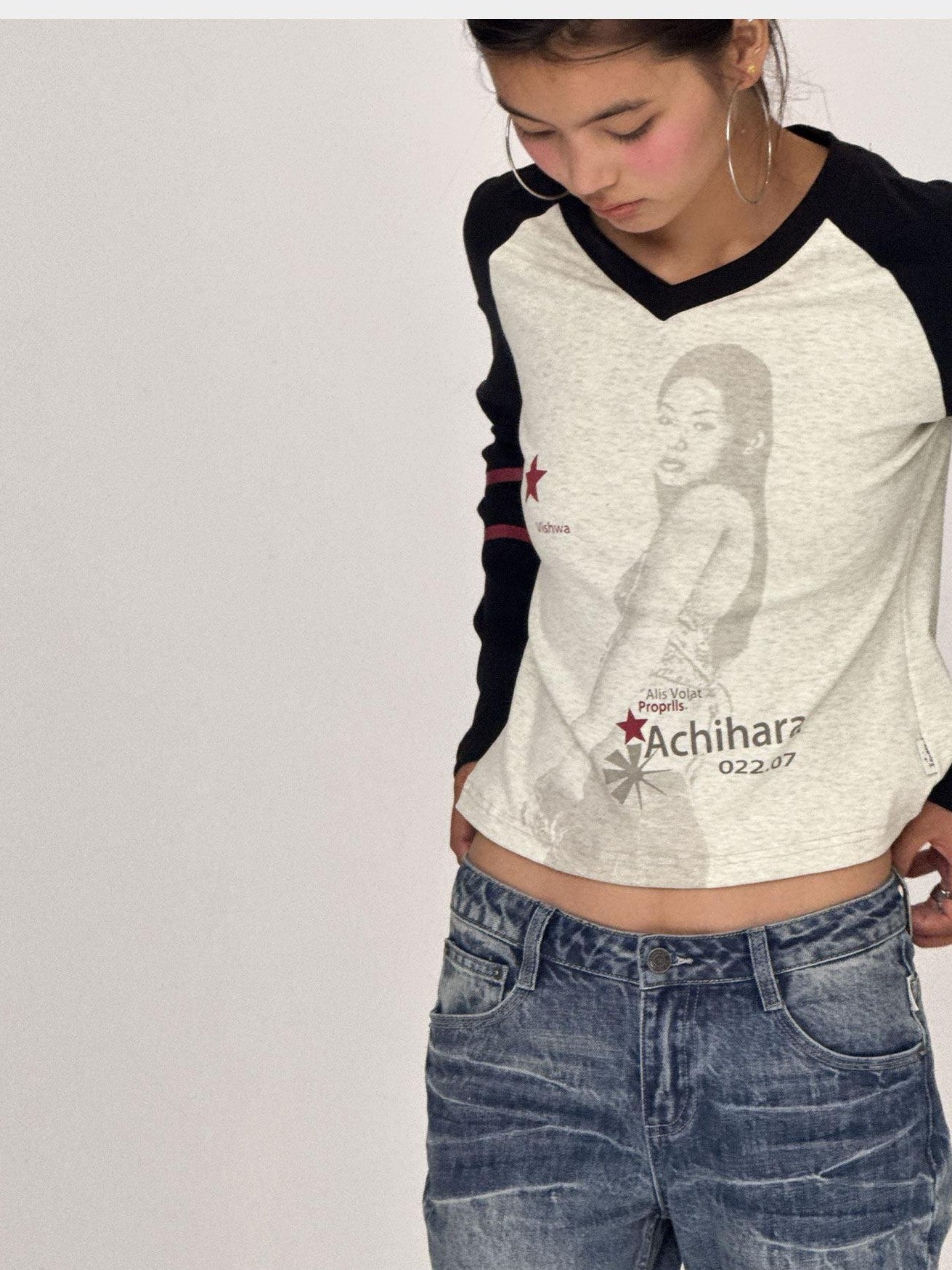 Achihara Apricot Block Spliced Figure Print Women'S Cotton Linen Long Sleeve T-Shirts