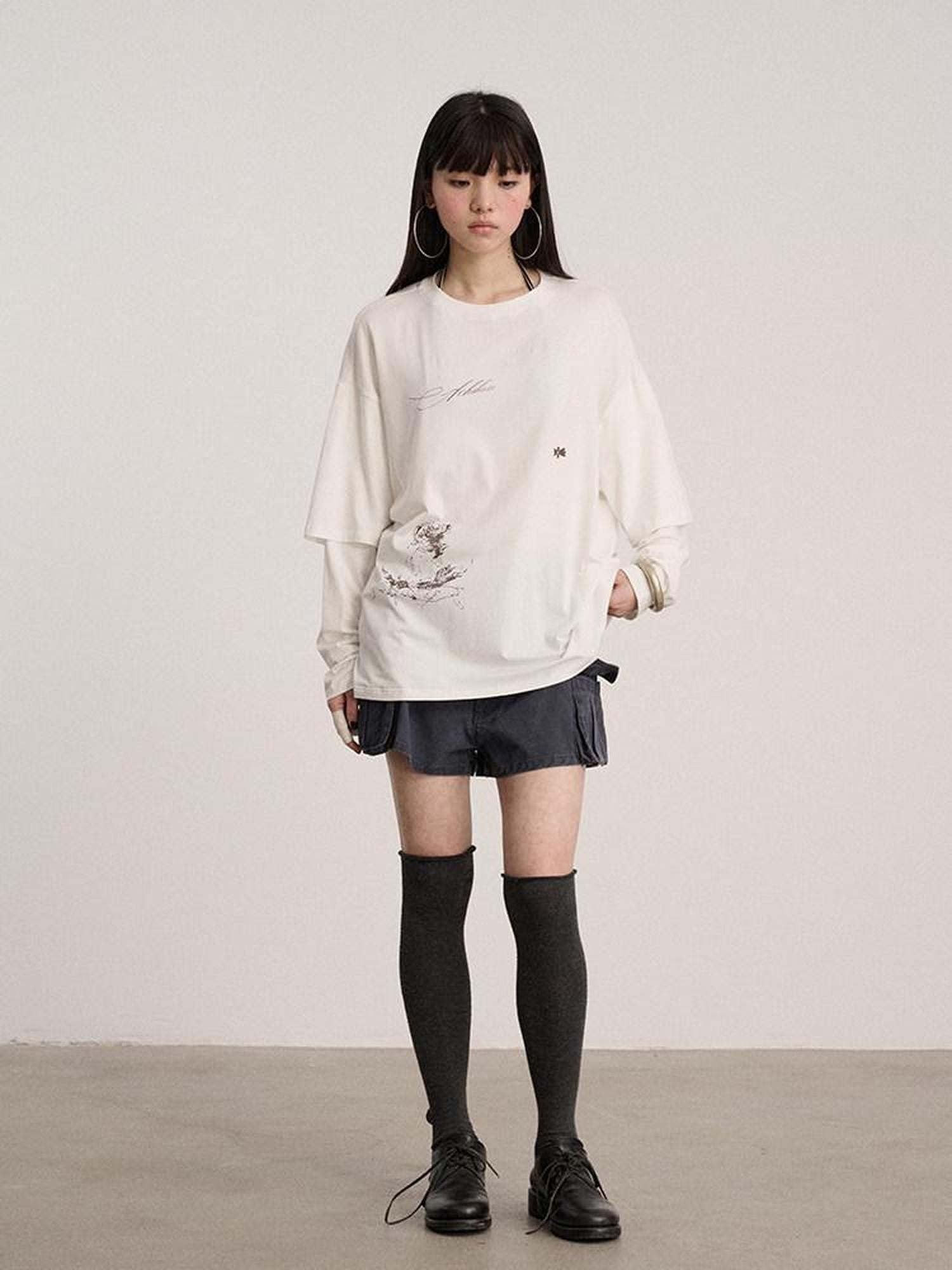 Achihara Ballpoint Sketch Faux Layered Women'S Cotton Linen Long Sleeve T-Shirts
