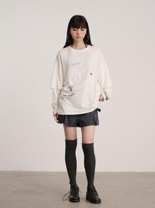 Achihara Ballpoint Sketch Faux Layered Women'S Cotton Linen Long Sleeve T-Shirts