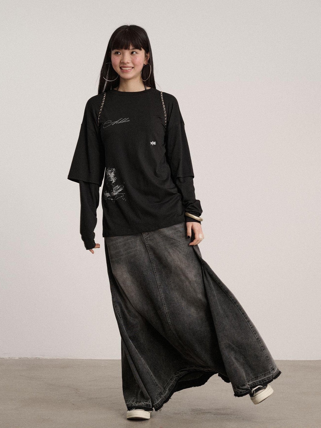 Achihara Ballpoint Sketch Faux Layered Women'S Cotton Linen Long Sleeve T-Shirts