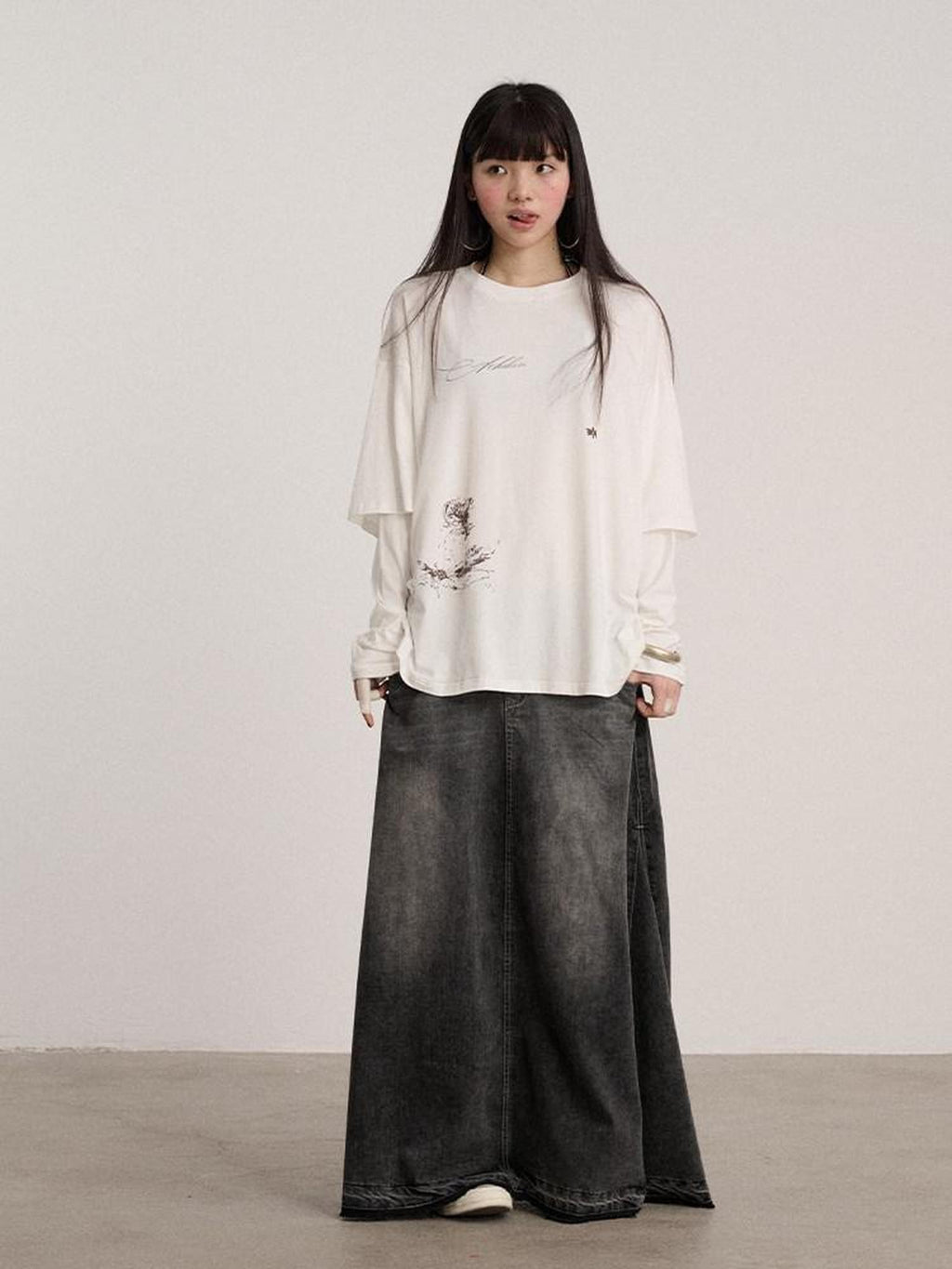 Achihara Ballpoint Sketch Faux Layered Women'S Cotton Linen Long Sleeve T-Shirts