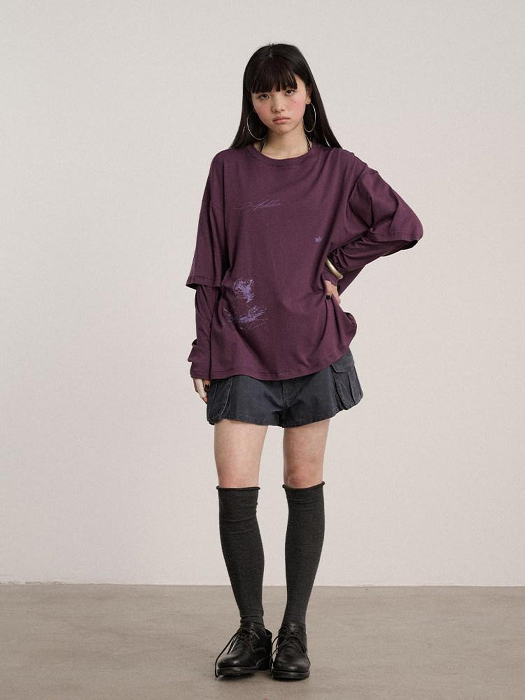 Achihara Ballpoint Sketch Faux Layered Women'S Cotton Linen Long Sleeve T-Shirts