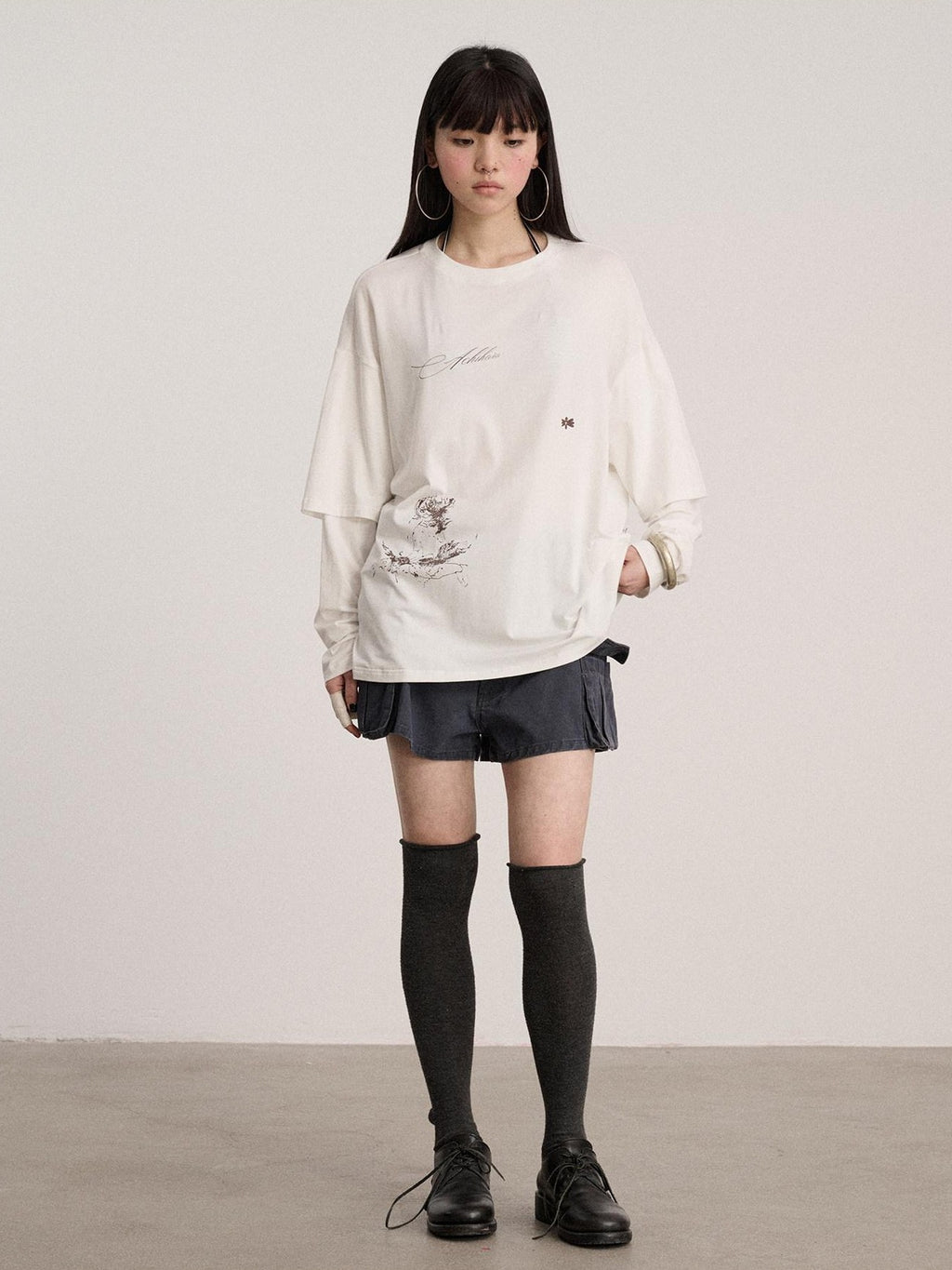 Achihara Ballpoint Sketch Faux Layered Women'S Cotton Linen Long Sleeve T-Shirts