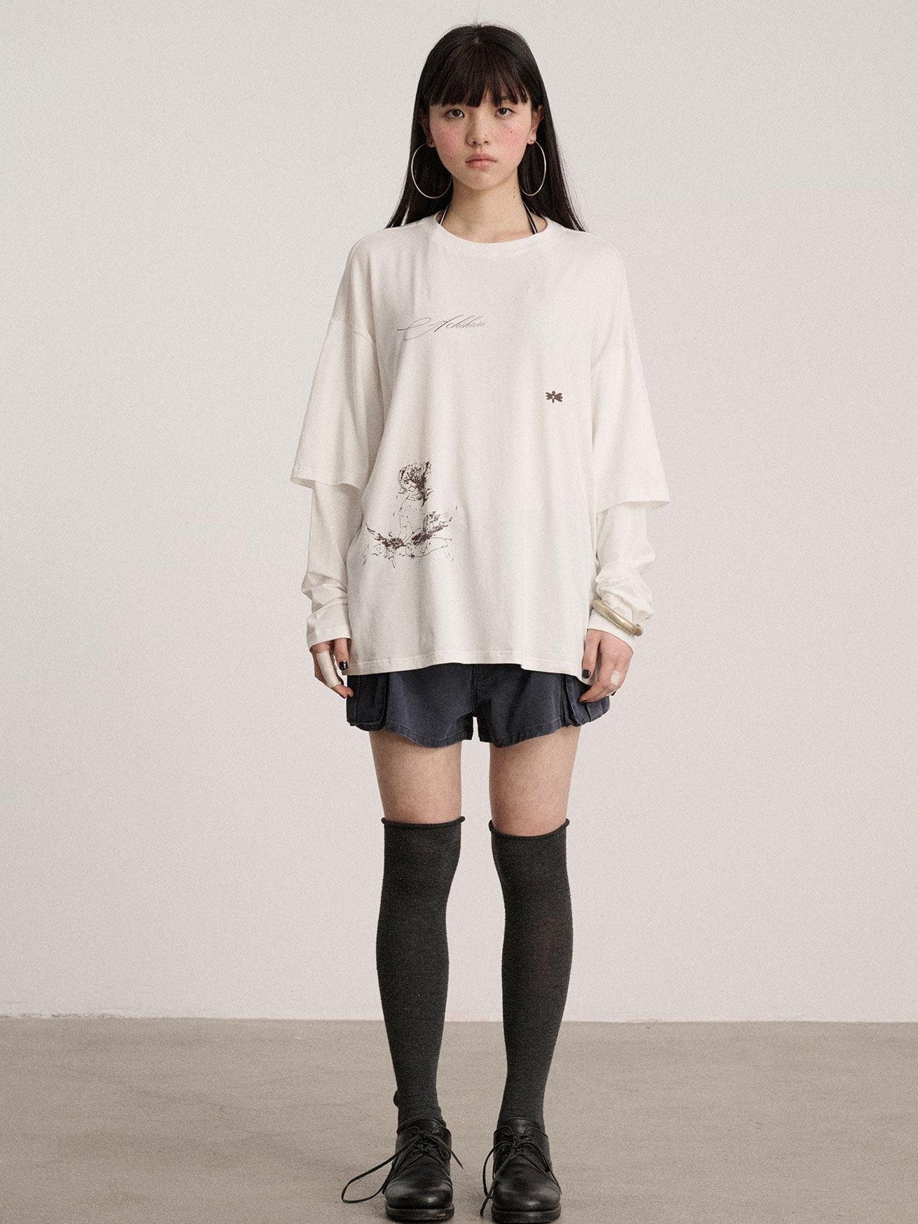 Achihara Ballpoint Sketch Faux Layered Women'S Cotton Linen Long Sleeve T-Shirts