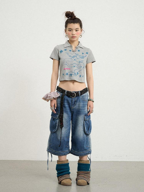 Achihara Beachwashed Distressed Utility Wide Leg Women'S Natural Waist Cropped Jeans