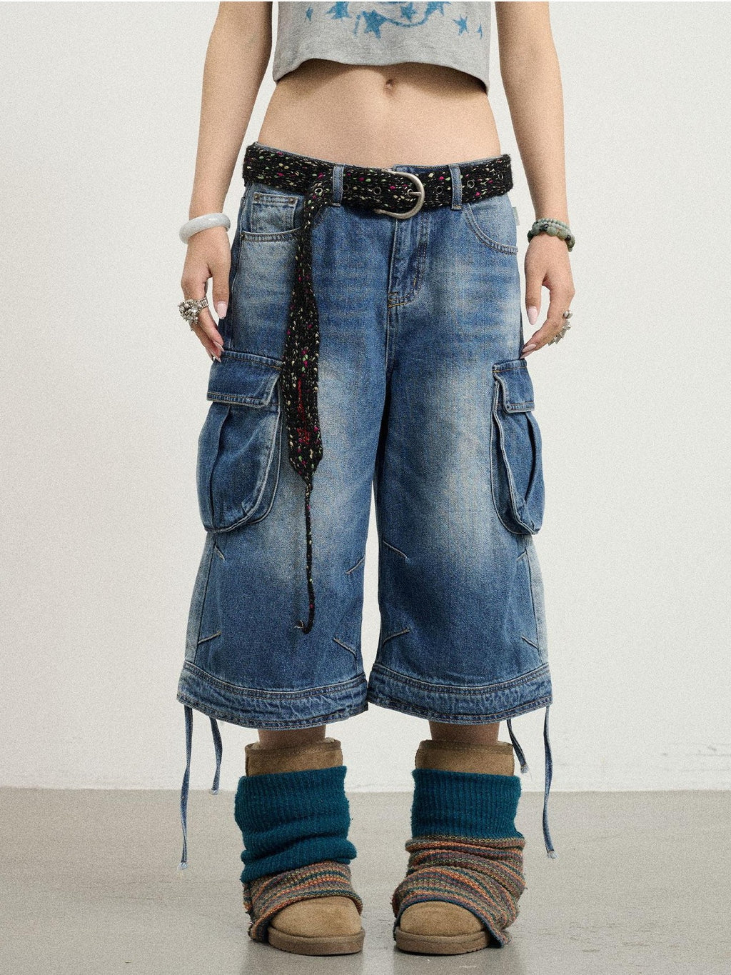 Achihara Beachwashed Distressed Utility Wide Leg Women'S Natural Waist Cropped Jeans