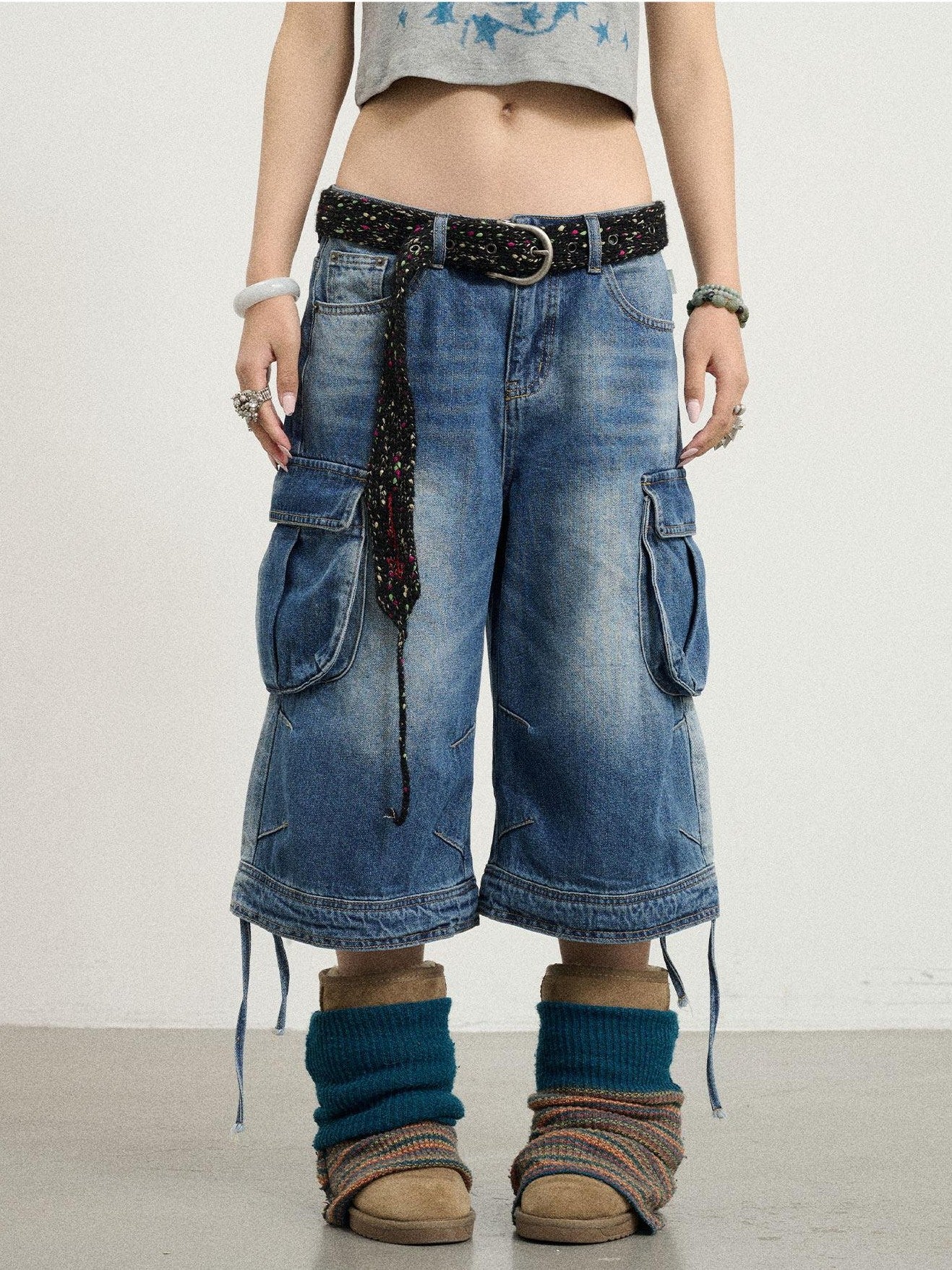 Achihara Beachwashed Distressed Utility Wide Leg Women'S Natural Waist Cropped Jeans