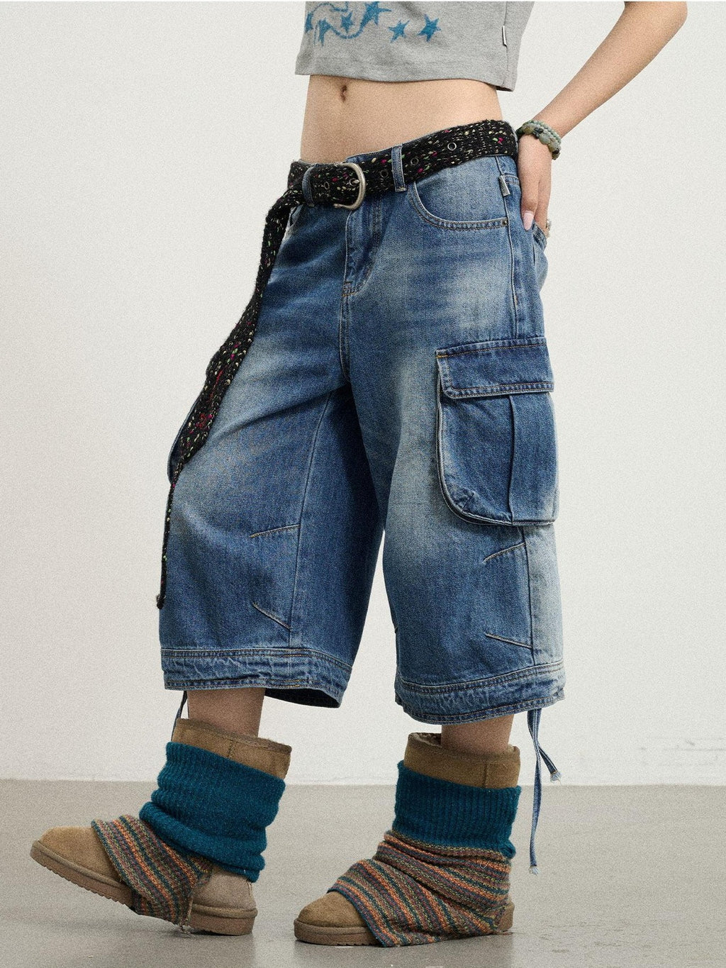 Achihara Beachwashed Distressed Utility Wide Leg Women'S Natural Waist Cropped Jeans