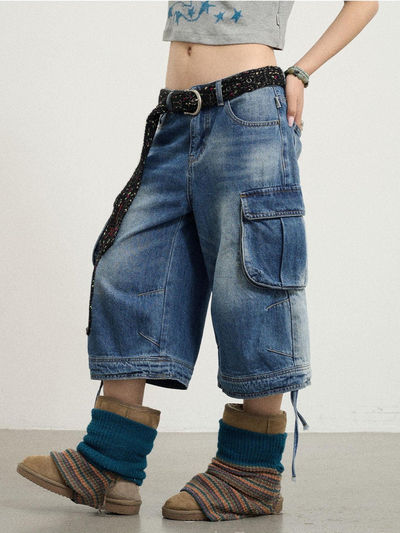 Achihara Beachwashed Distressed Utility Wide Leg Women'S Natural Waist Cropped Jeans