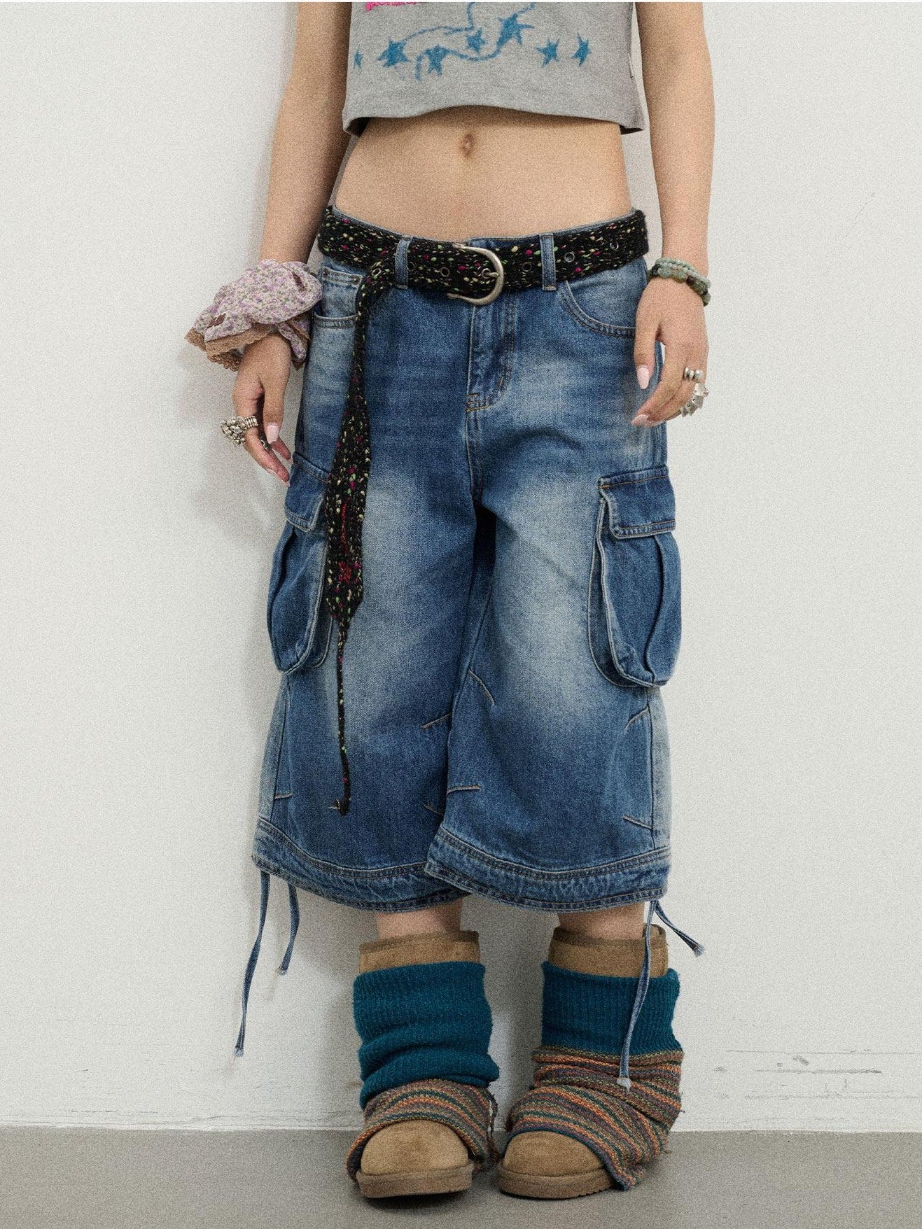Achihara Beachwashed Distressed Utility Wide Leg Women'S Natural Waist Cropped Jeans