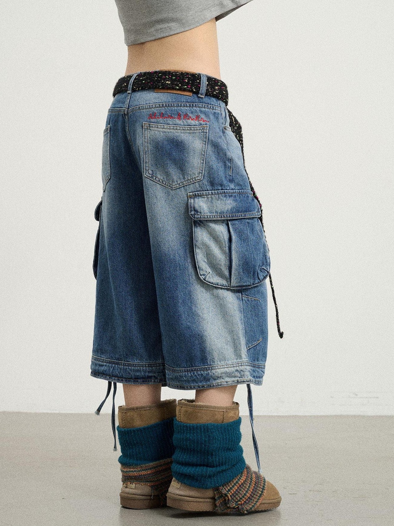 Achihara Beachwashed Distressed Utility Wide Leg Women'S Natural Waist Cropped Jeans