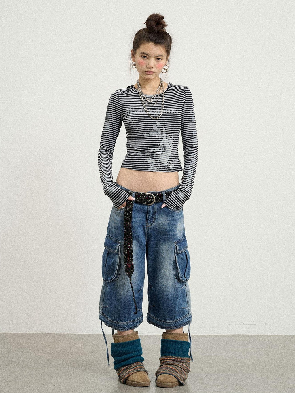 Achihara Beachwashed Distressed Utility Wide Leg Women'S Natural Waist Cropped Jeans