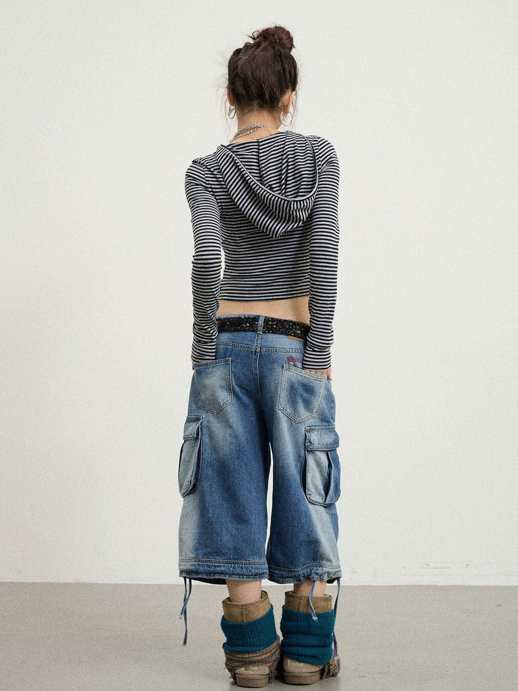 Achihara Beachwashed Distressed Utility Wide Leg Women'S Natural Waist Cropped Jeans