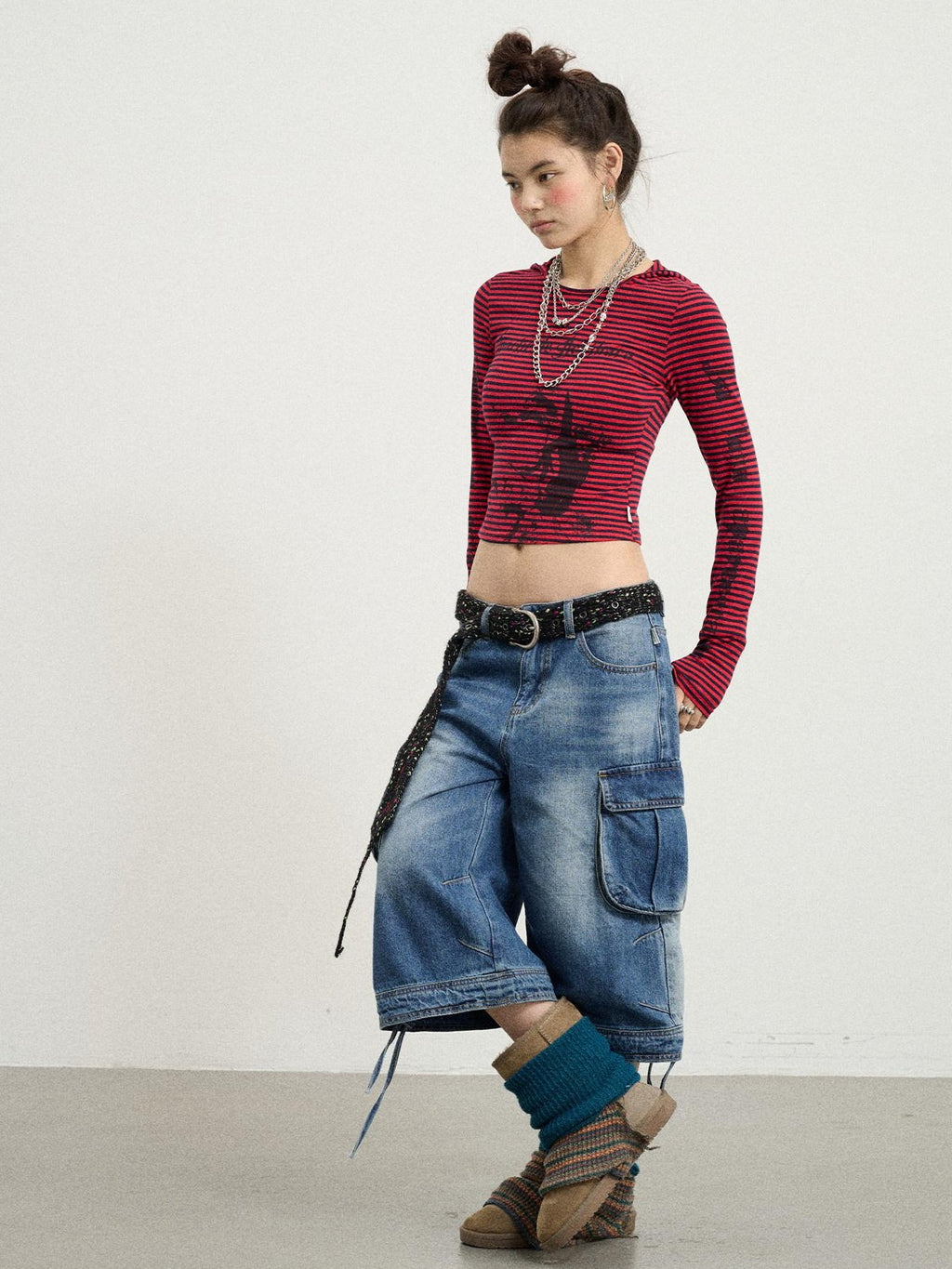Achihara Beachwashed Distressed Utility Wide Leg Women'S Natural Waist Cropped Jeans