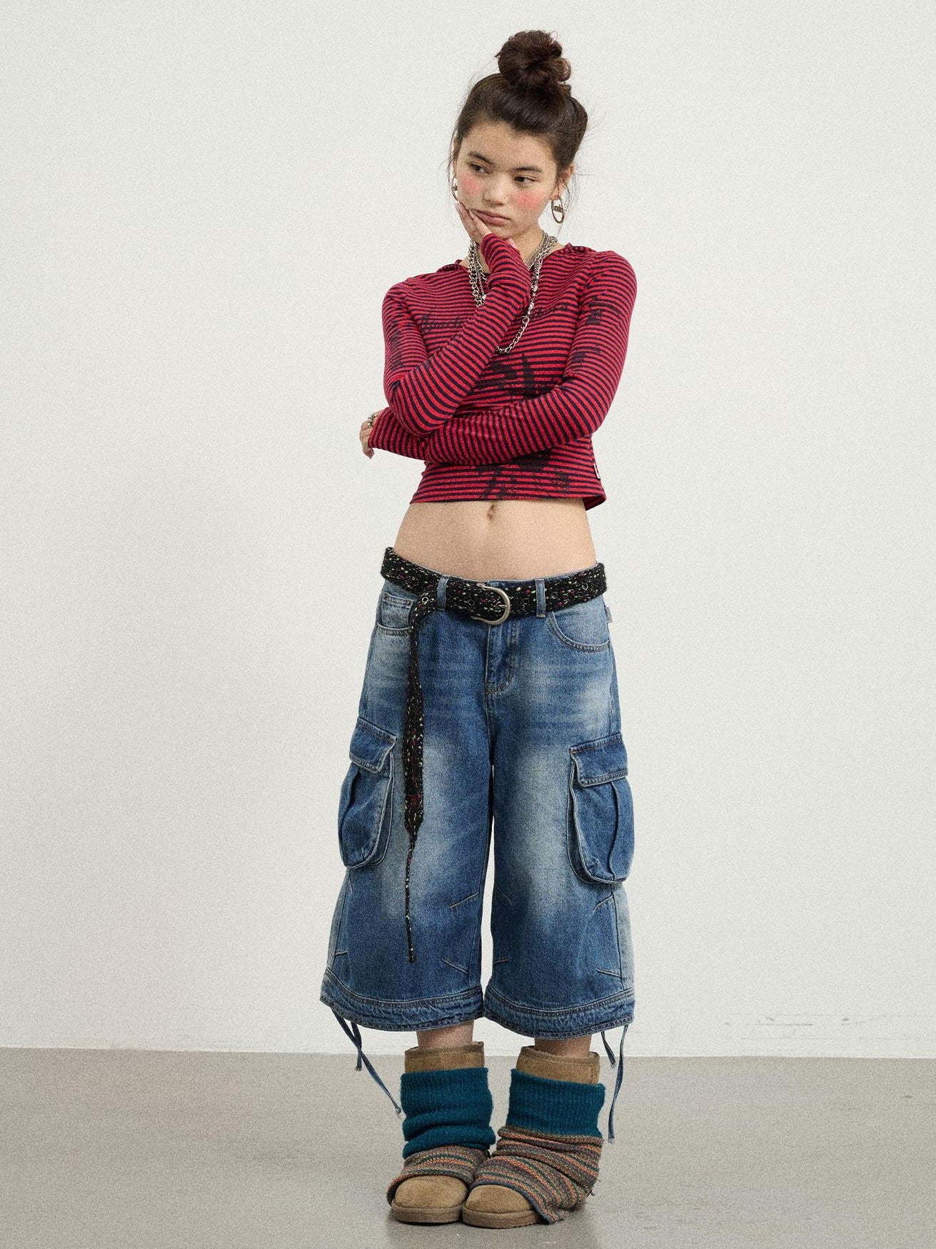 Achihara Beachwashed Distressed Utility Wide Leg Women'S Natural Waist Cropped Jeans