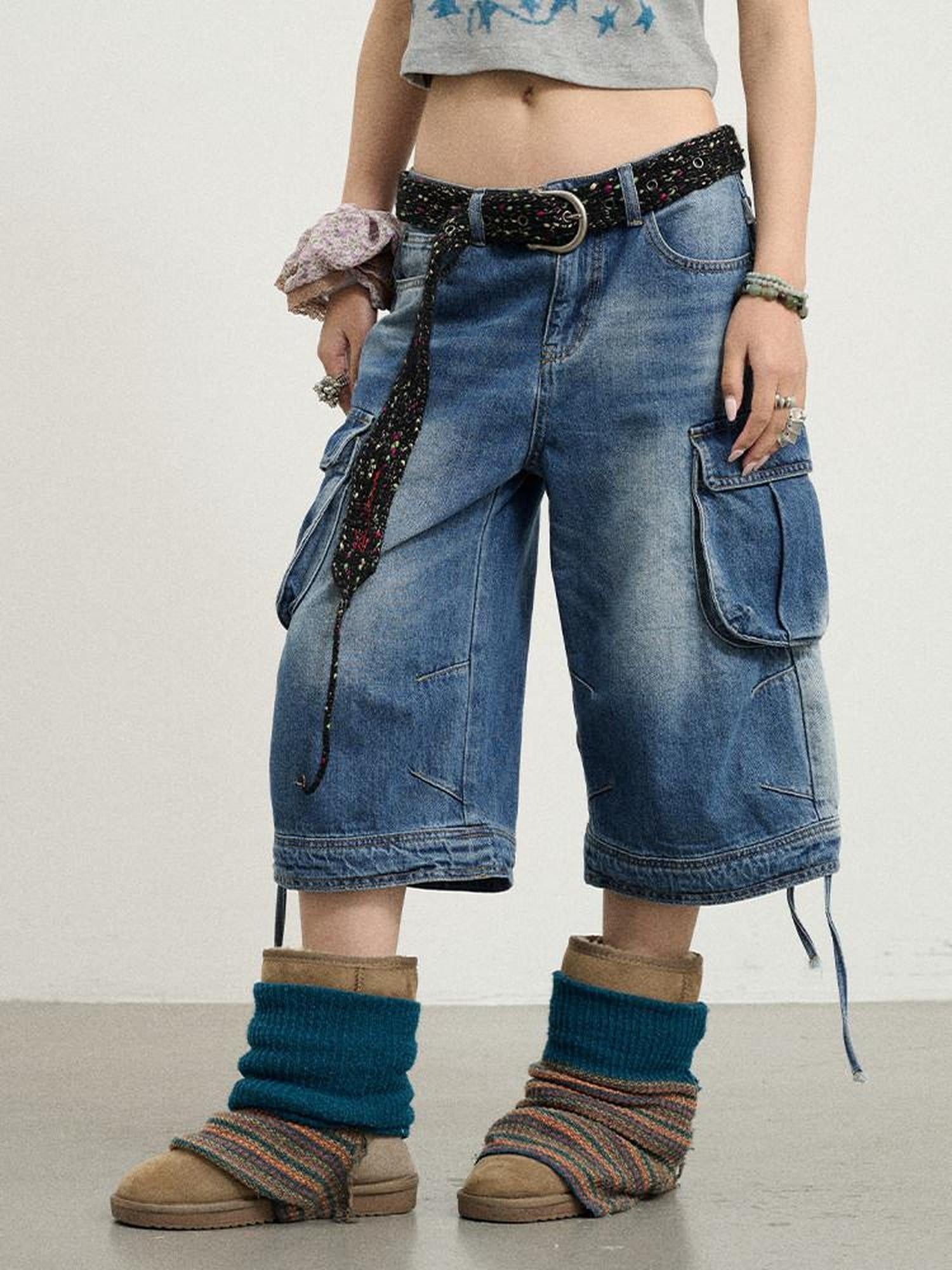 Achihara Beachwashed Distressed Utility Wide Leg Women'S Natural Waist Cropped Jeans