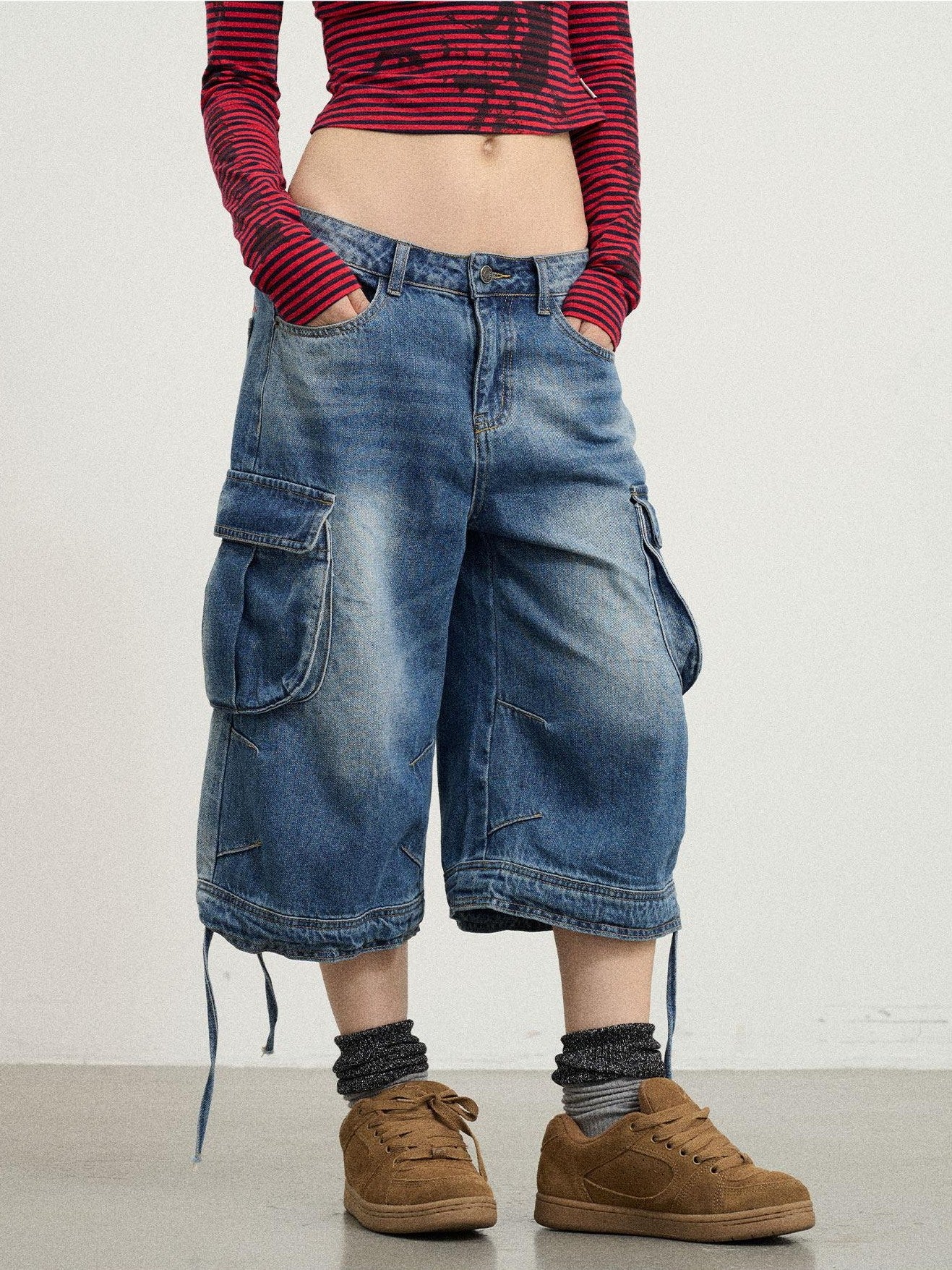 Achihara Beachwashed Distressed Utility Wide Leg Women'S Natural Waist Cropped Jeans