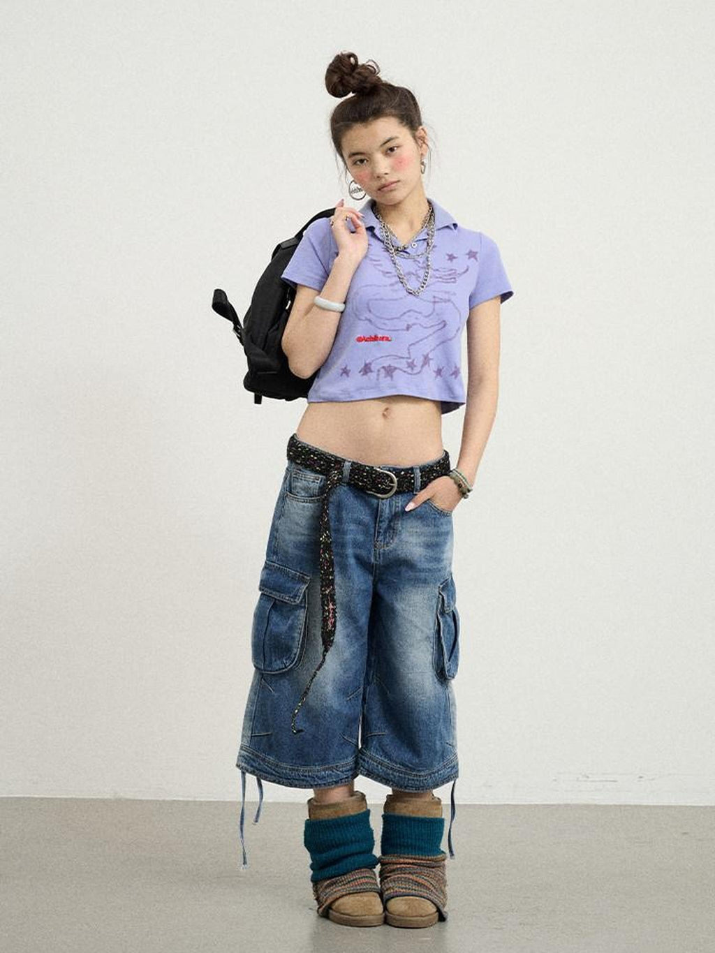Achihara Beachwashed Distressed Utility Wide Leg Women'S Natural Waist Cropped Jeans