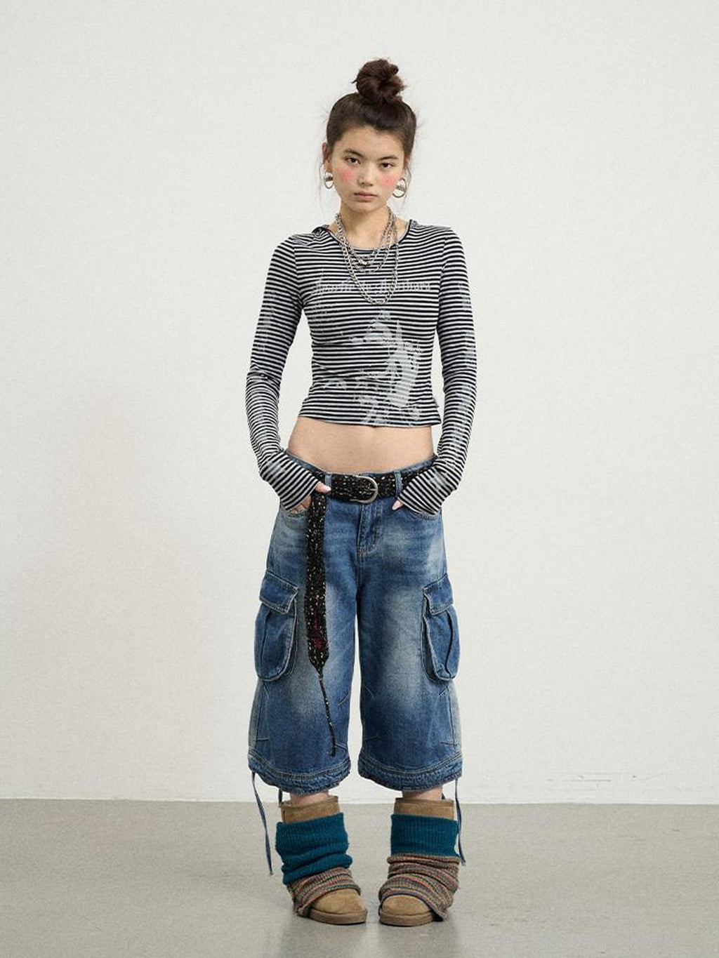 Achihara Beachwashed Distressed Utility Wide Leg Women'S Natural Waist Cropped Jeans