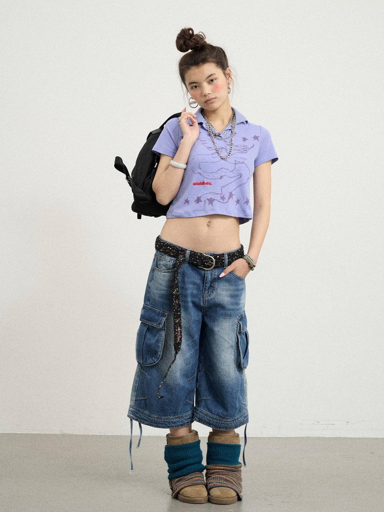 Achihara Beachwashed Distressed Utility Wide Leg Women'S Natural Waist Cropped Jeans