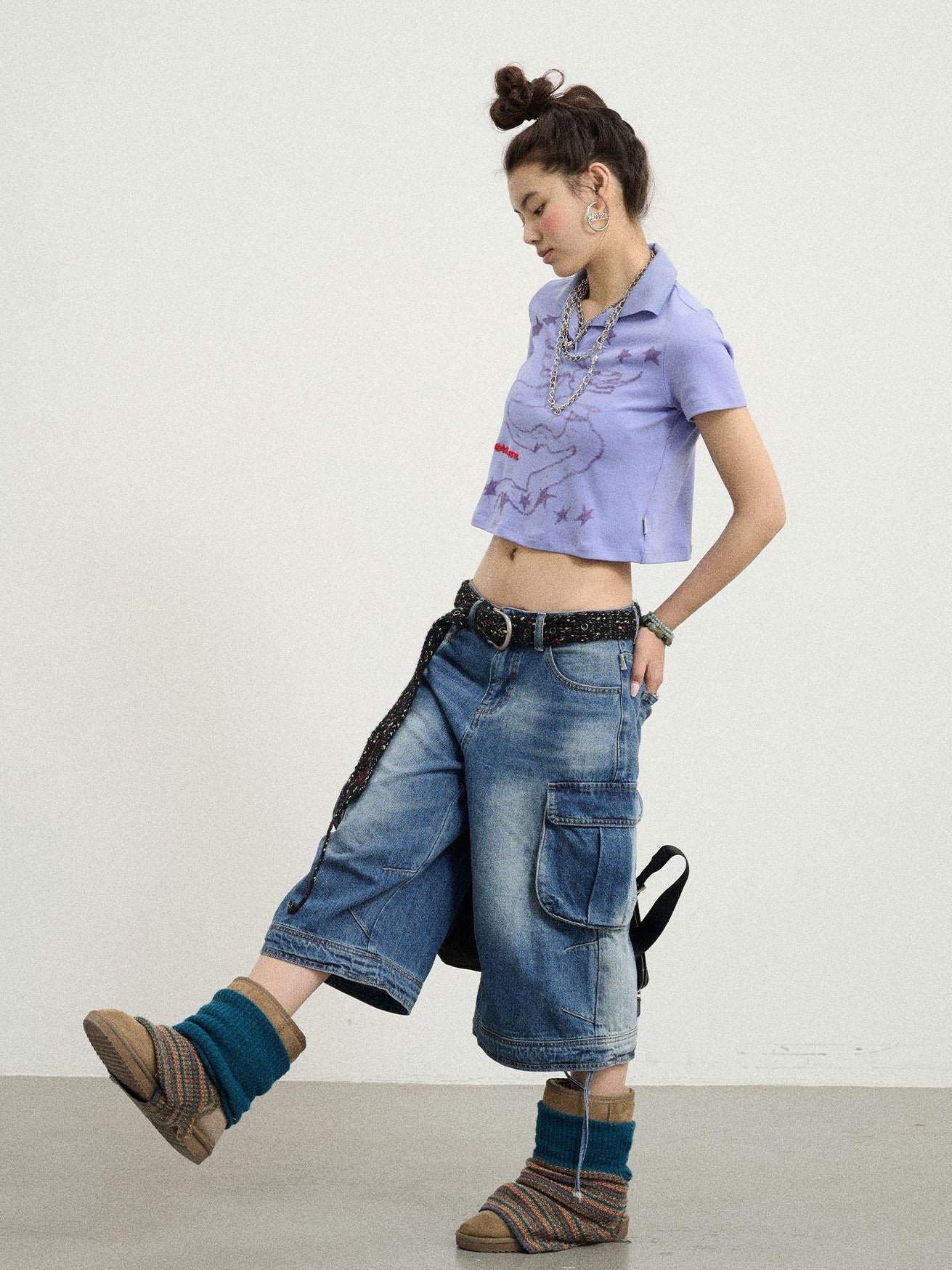 Achihara Beachwashed Distressed Utility Wide Leg Women'S Natural Waist Cropped Jeans