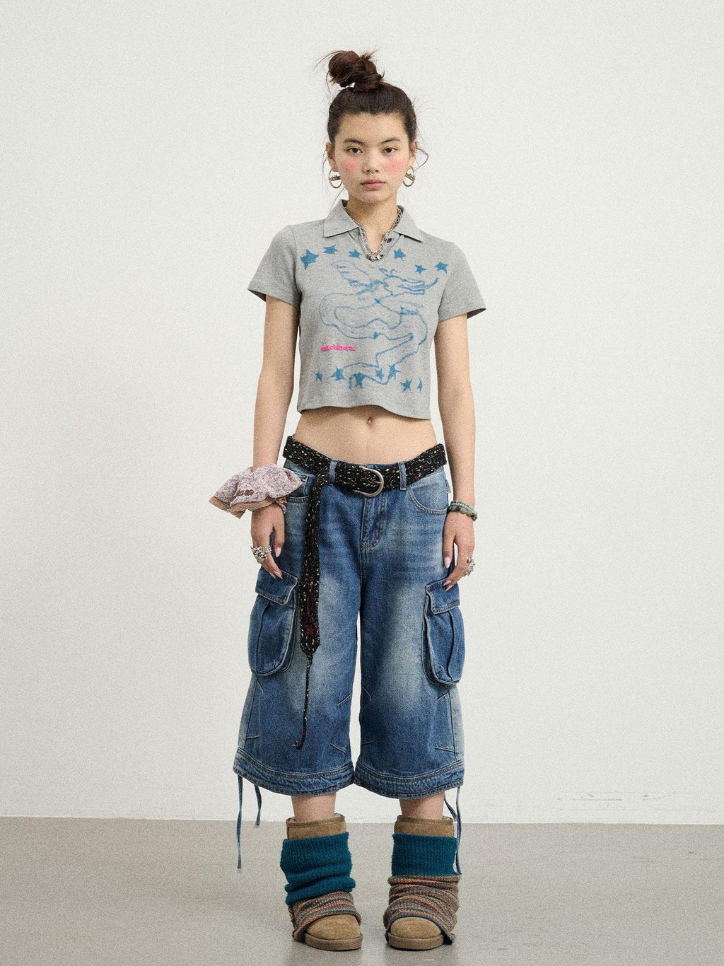 Achihara Beachwashed Distressed Utility Wide Leg Women'S Natural Waist Cropped Jeans