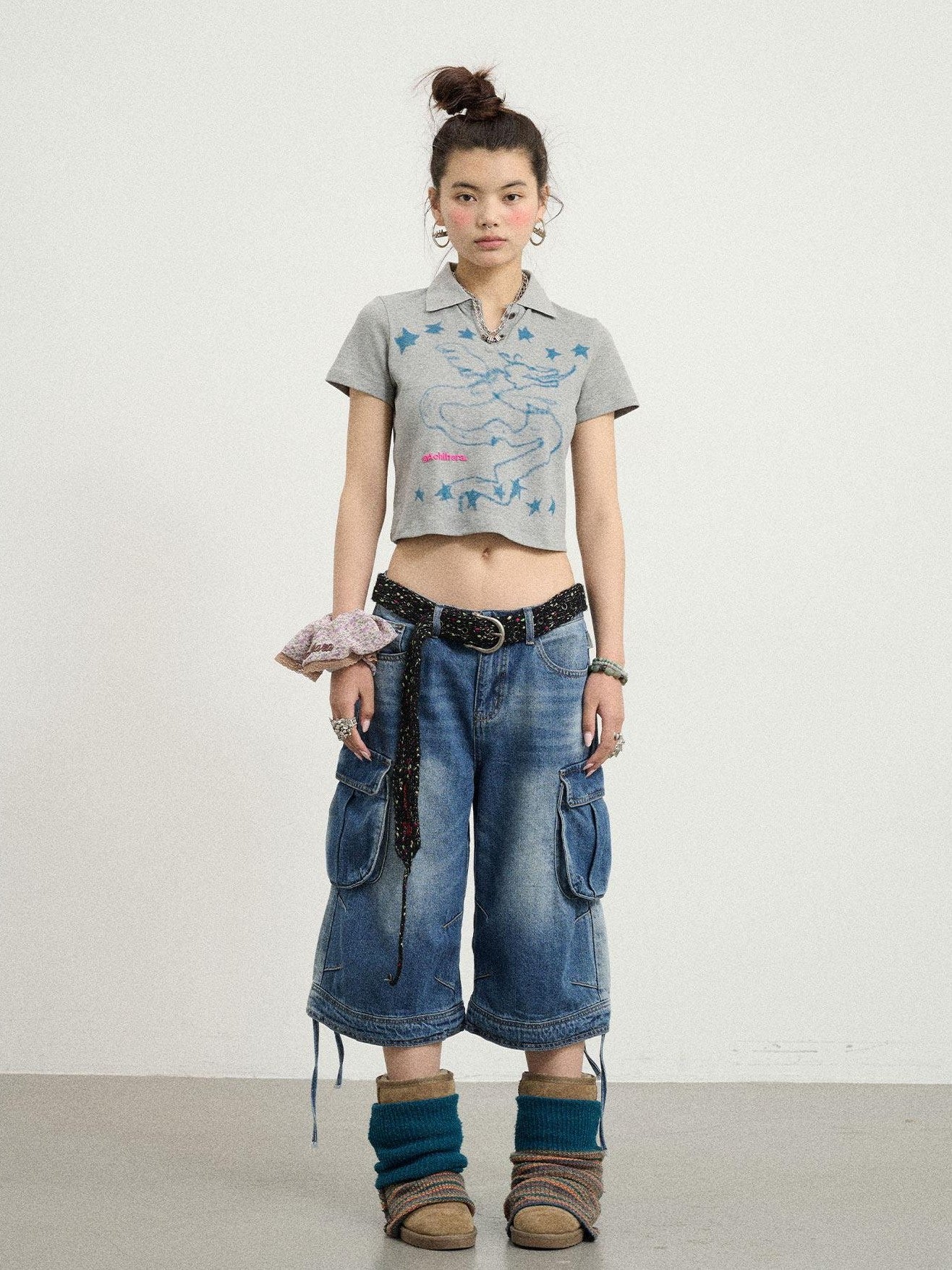 Achihara Beachwashed Distressed Utility Wide Leg Women'S Natural Waist Cropped Jeans